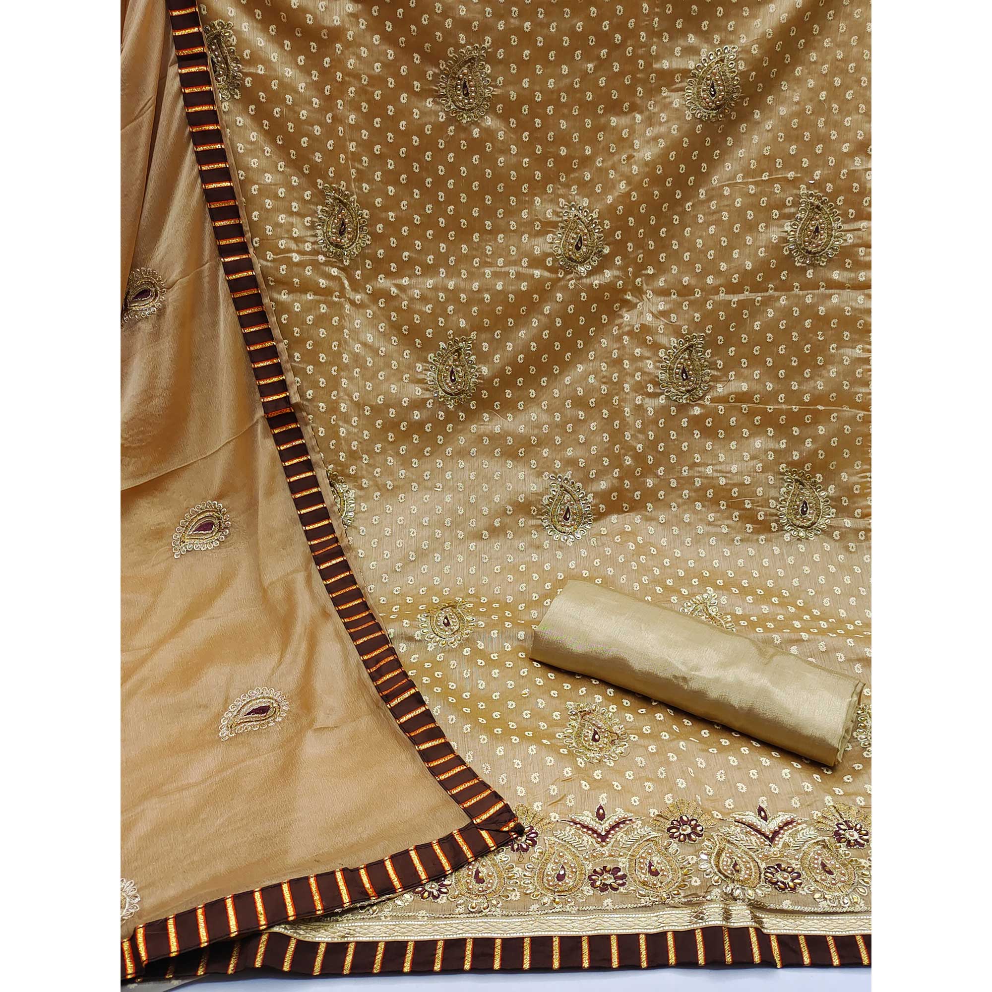 Graceful Chikoo Chanderi Silk Dress Material Adorned With Paisley Embroidery & Moti Hand Work