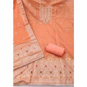 Elegant Peach Floral Weaving Shimmer Banarasi Dress Material With Beads & Sequins Neckline Work