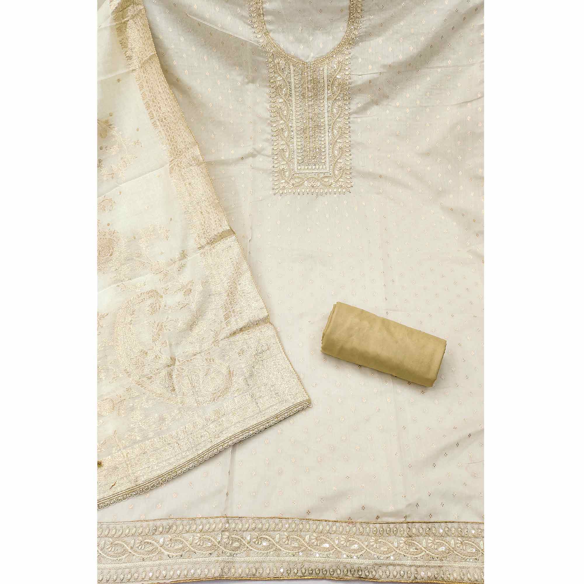 Graceful Cream Cording Embroidery Chanderi Silk Banarasi Dress Material With Sequins & Moti Work