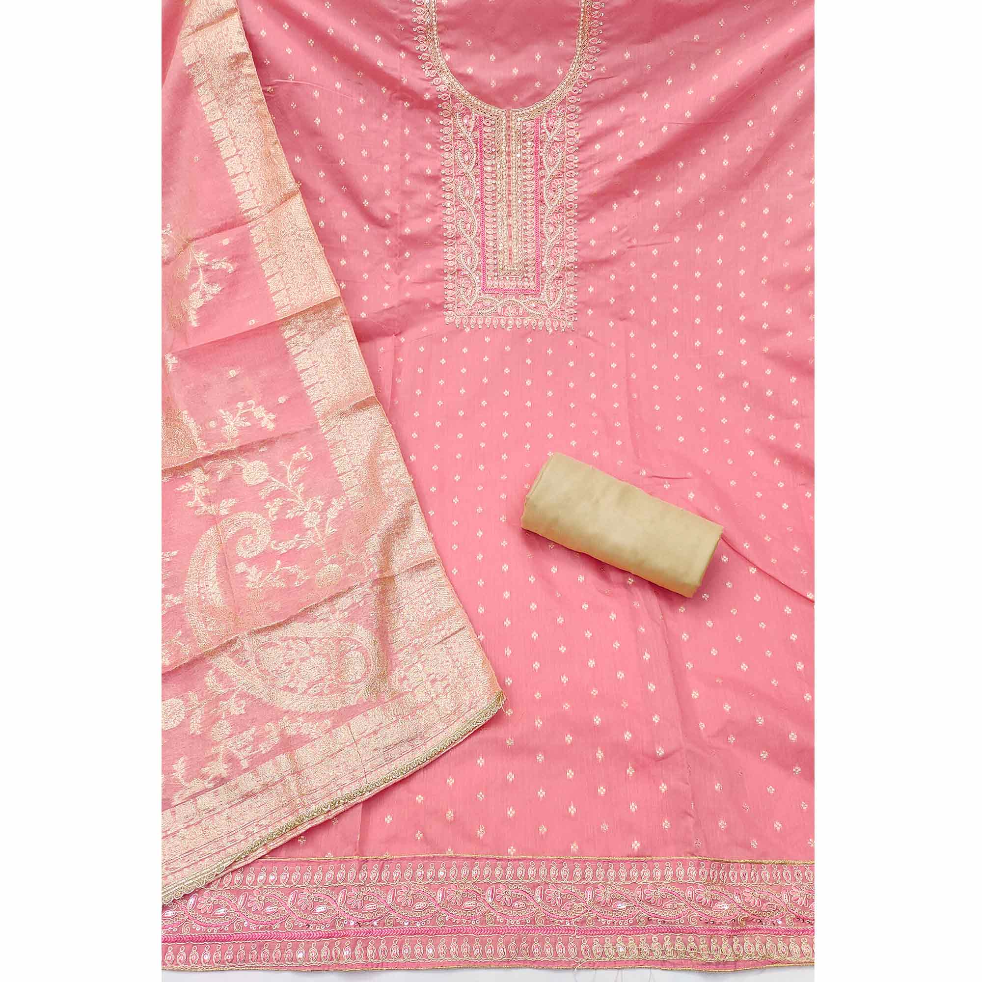 Graceful Pink Cording Embroidery Chanderi Silk Banarasi Dress Material With Sequins & Moti Work