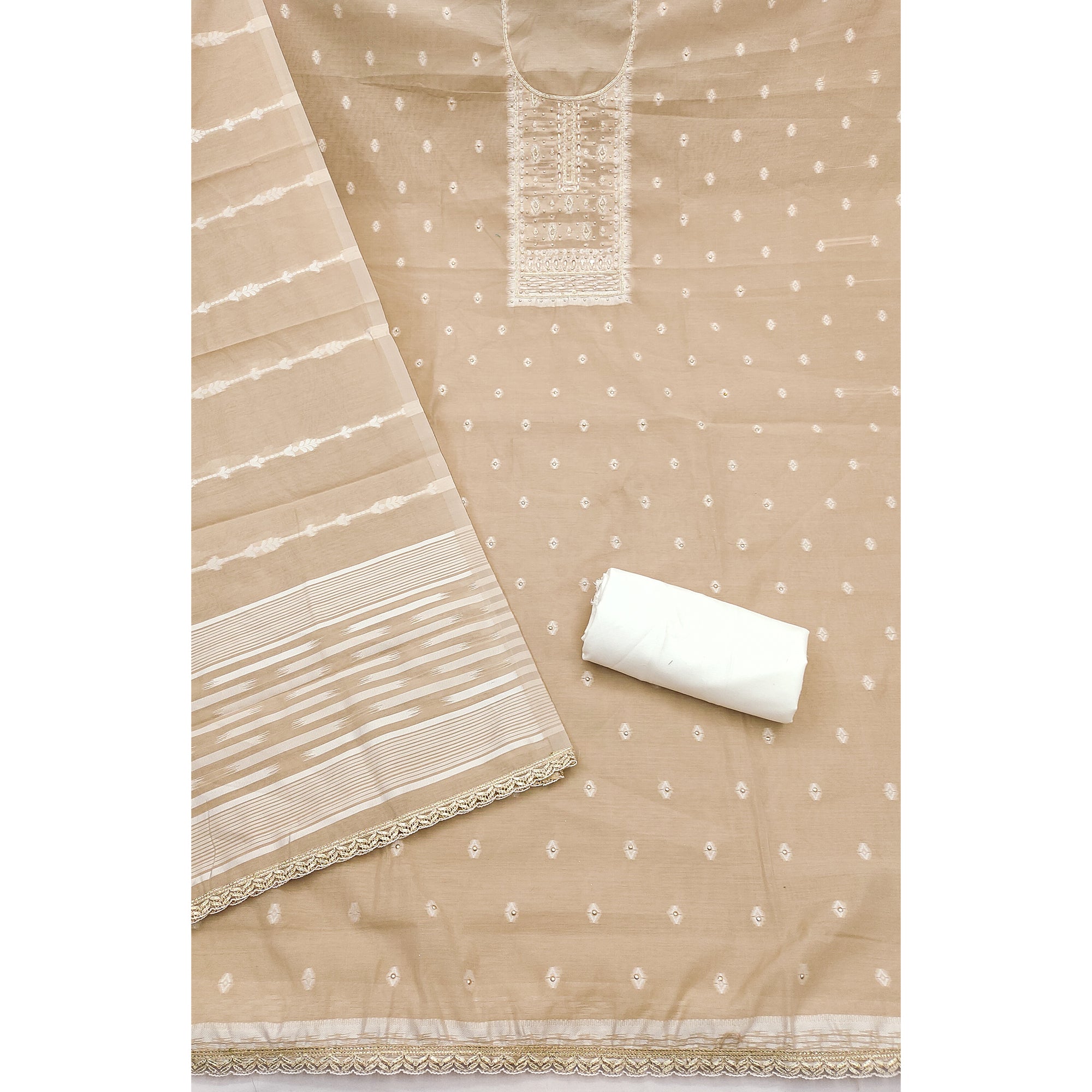 Radiant Chikoo Woven Cotton Silk Banarasi Dress Material Adorned With Moti & Sequins Handwork