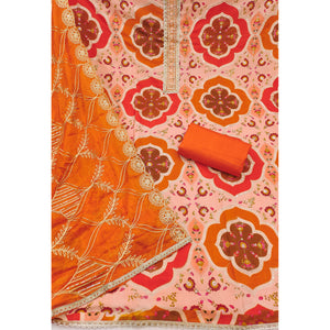 Classic Orange Floral Digital Printed Viscose Dress Material With Sequins Embroidery & Moti Handwork