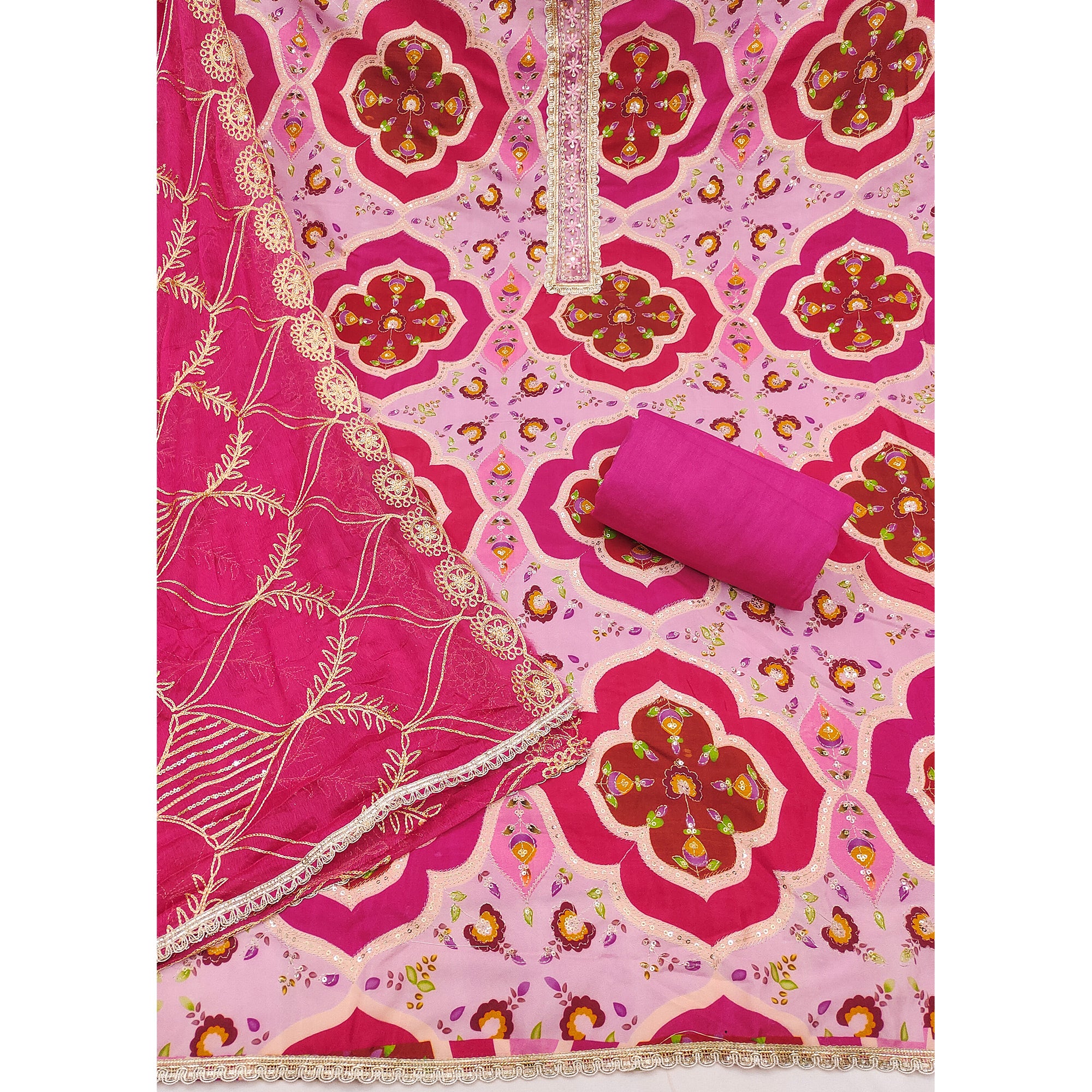 Classic Pink Floral Digital Printed Viscose Dress Material With Sequins Embroidery & Moti Handwork