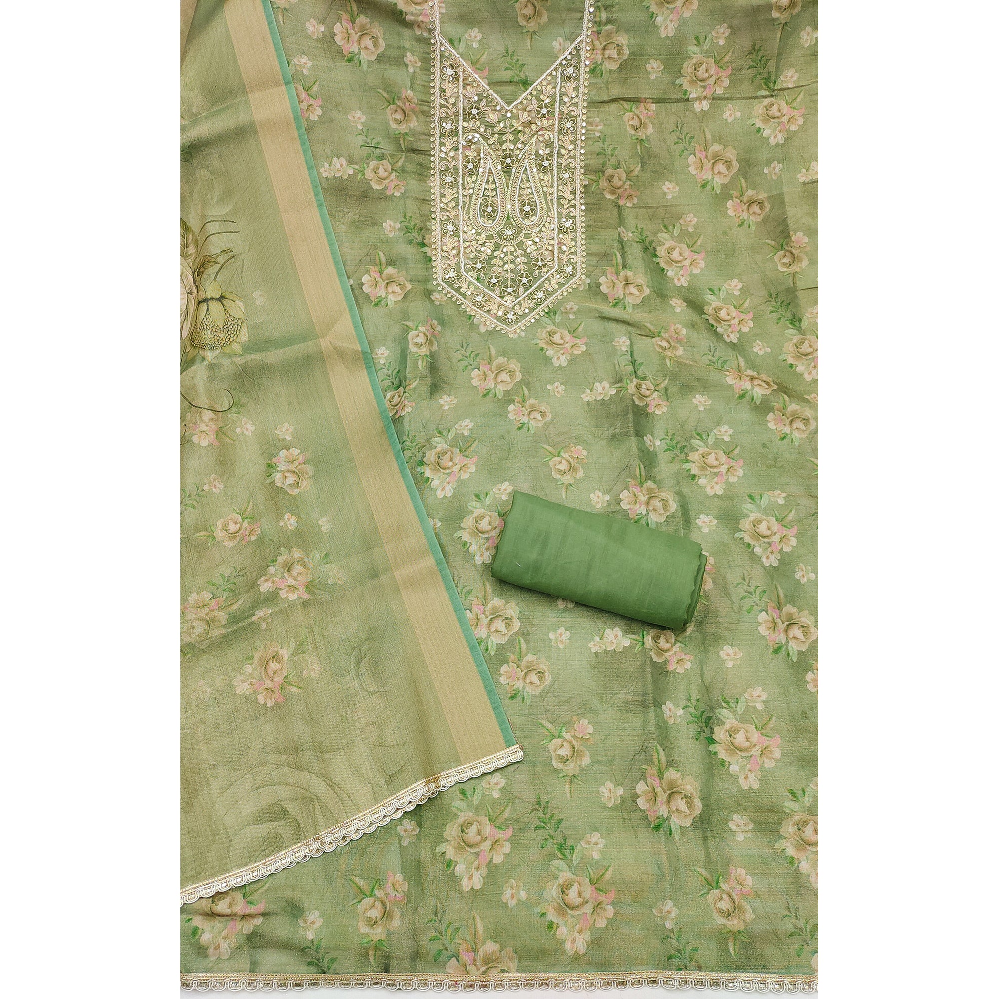 Classic Green Floral Digital Printed Viscose Dress Material With Sequins Embroidery & Moti Handwork