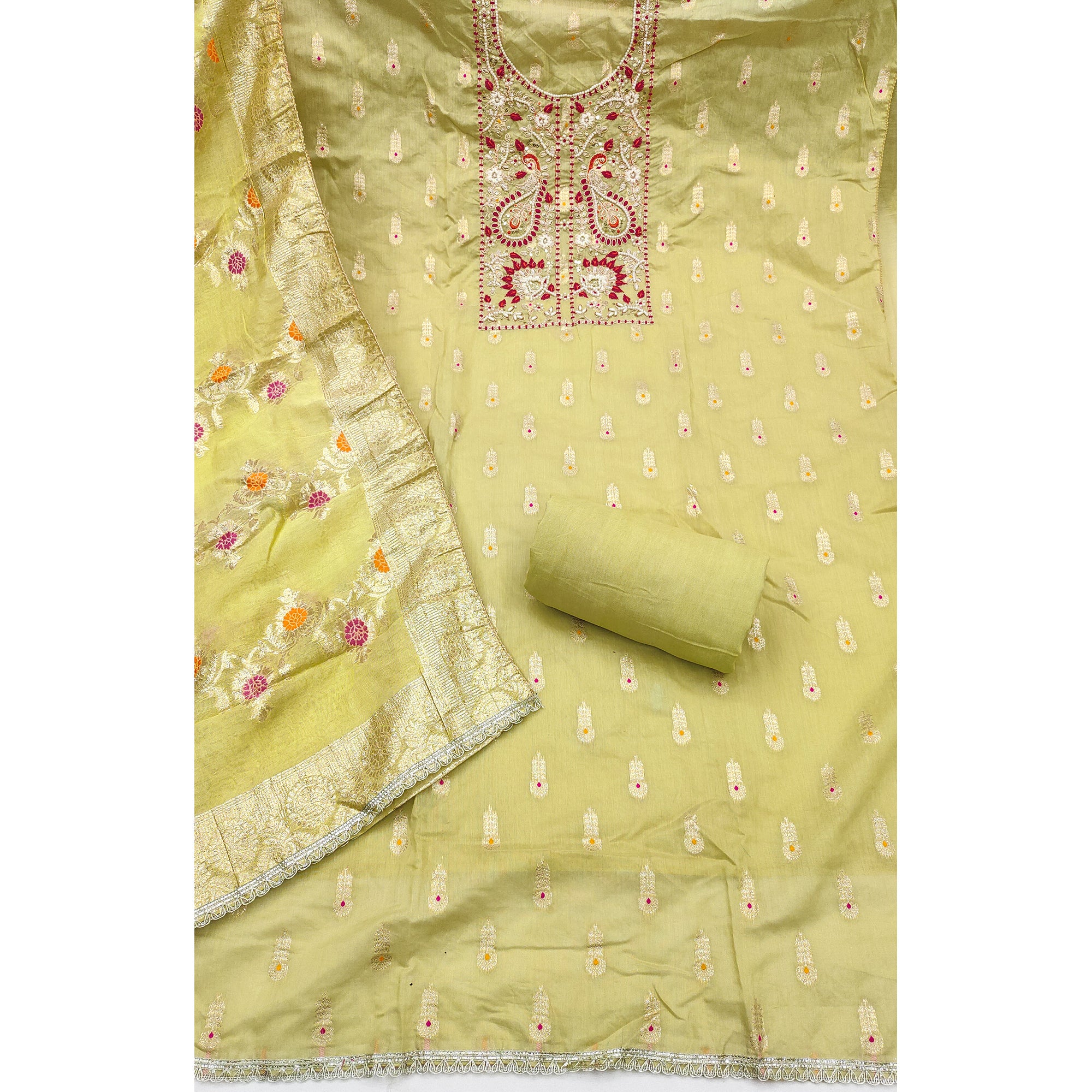 Timeless Lemon Green Floral Weaving Muslin Dress Material With Elegant Sequin Embroidery & Moti Work