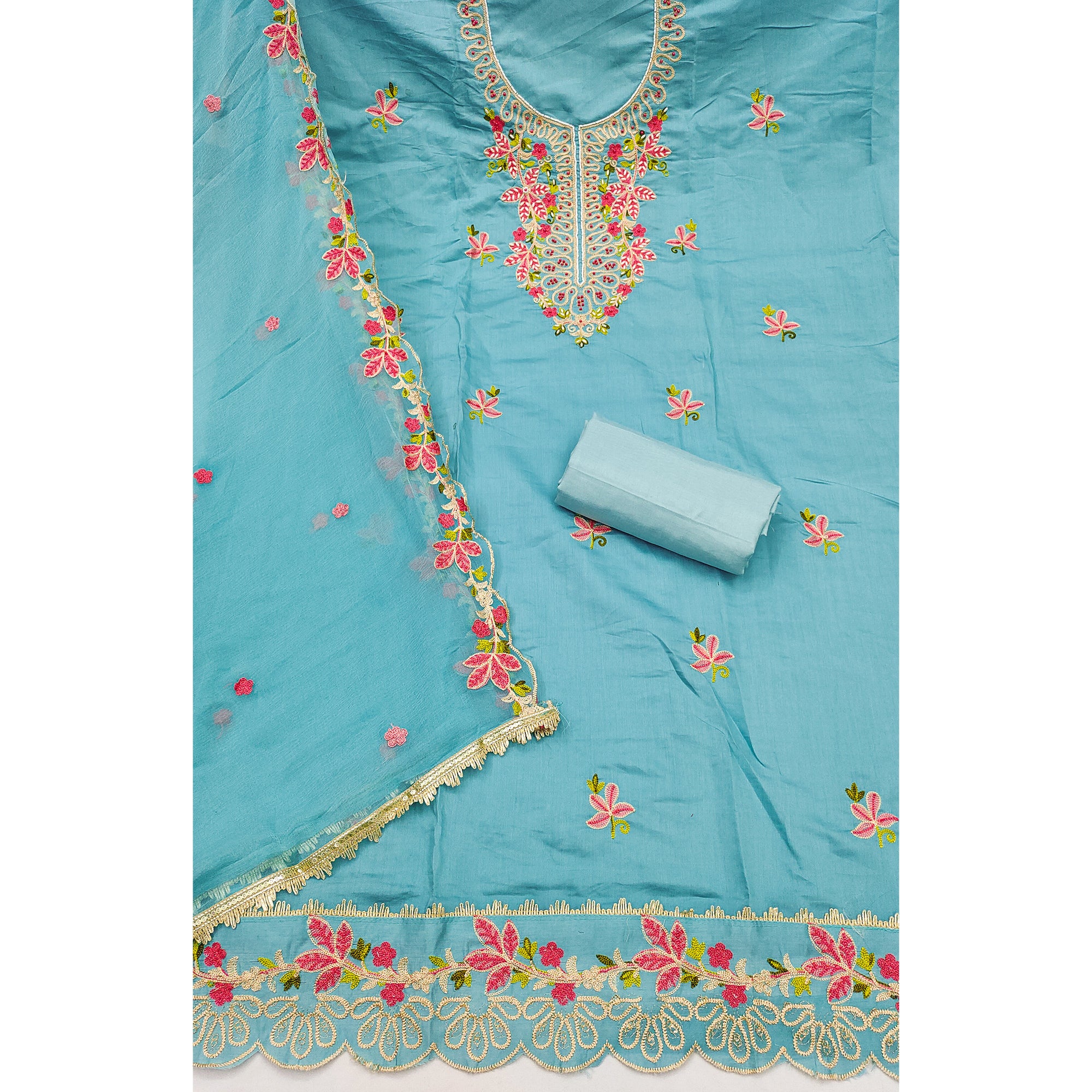 Charming Blue Floral Embroidery Cotton Silk Dress Material Enhanced With Elegant Moti Handwork