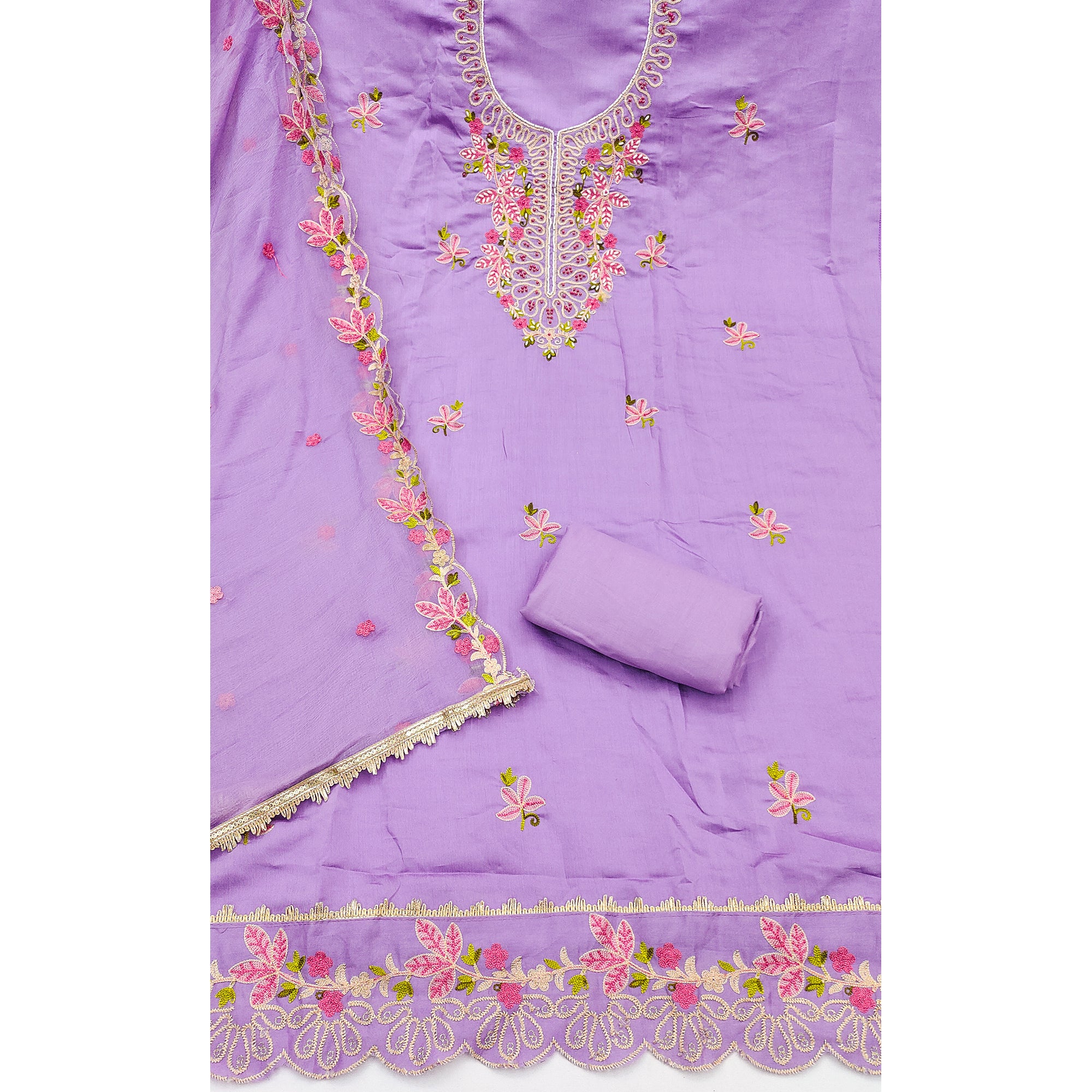 Charming Lavender Floral Embroidery Cotton Silk Dress Material Enhanced With Elegant Moti Handwork
