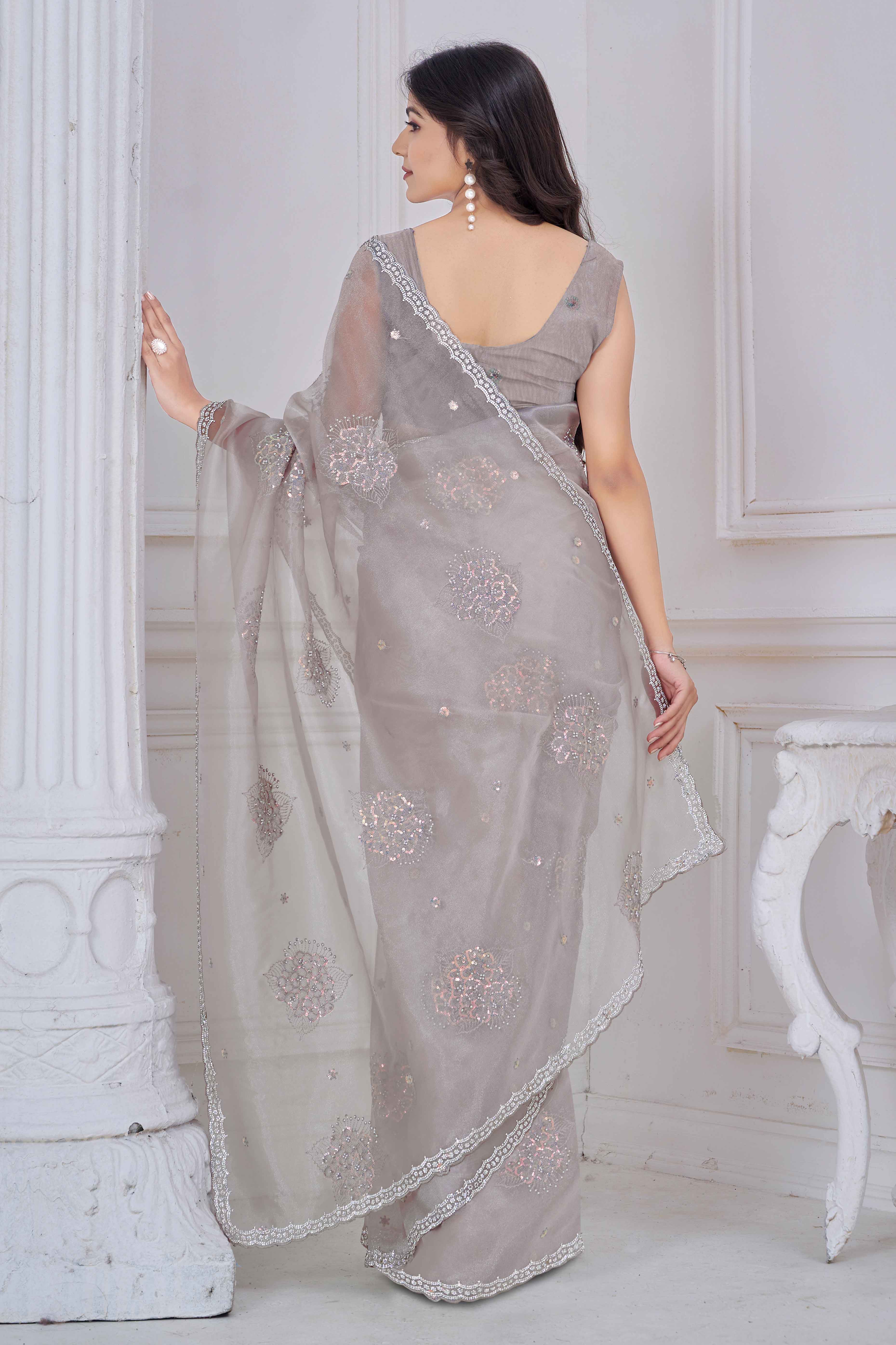 Pale Silver Sequins & Moti Work Organza Saree With Elegant Zarkan Border Detailing