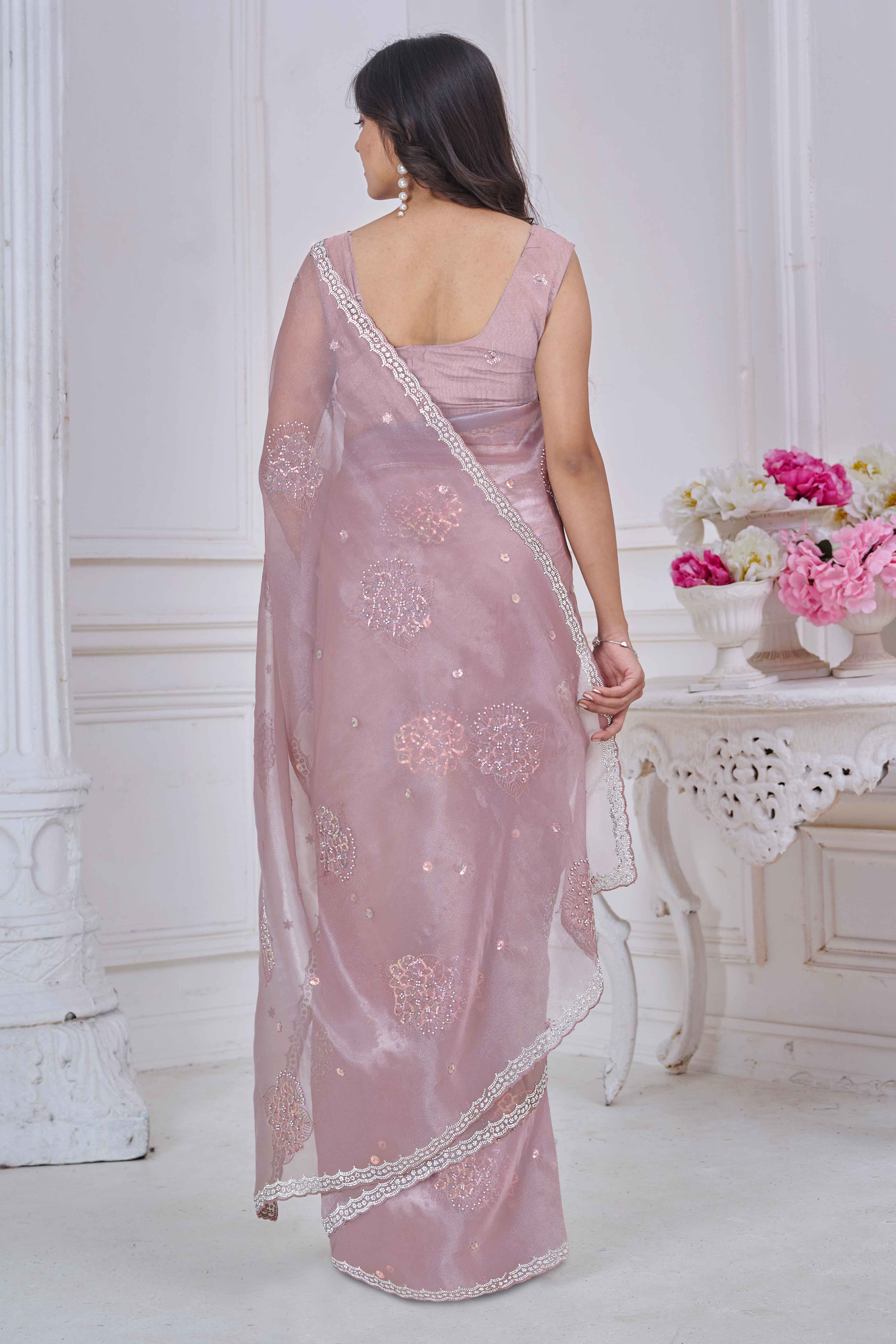 Onion Pink Sequins & Moti Work Organza Saree With Elegant Zarkan Border Detailing
