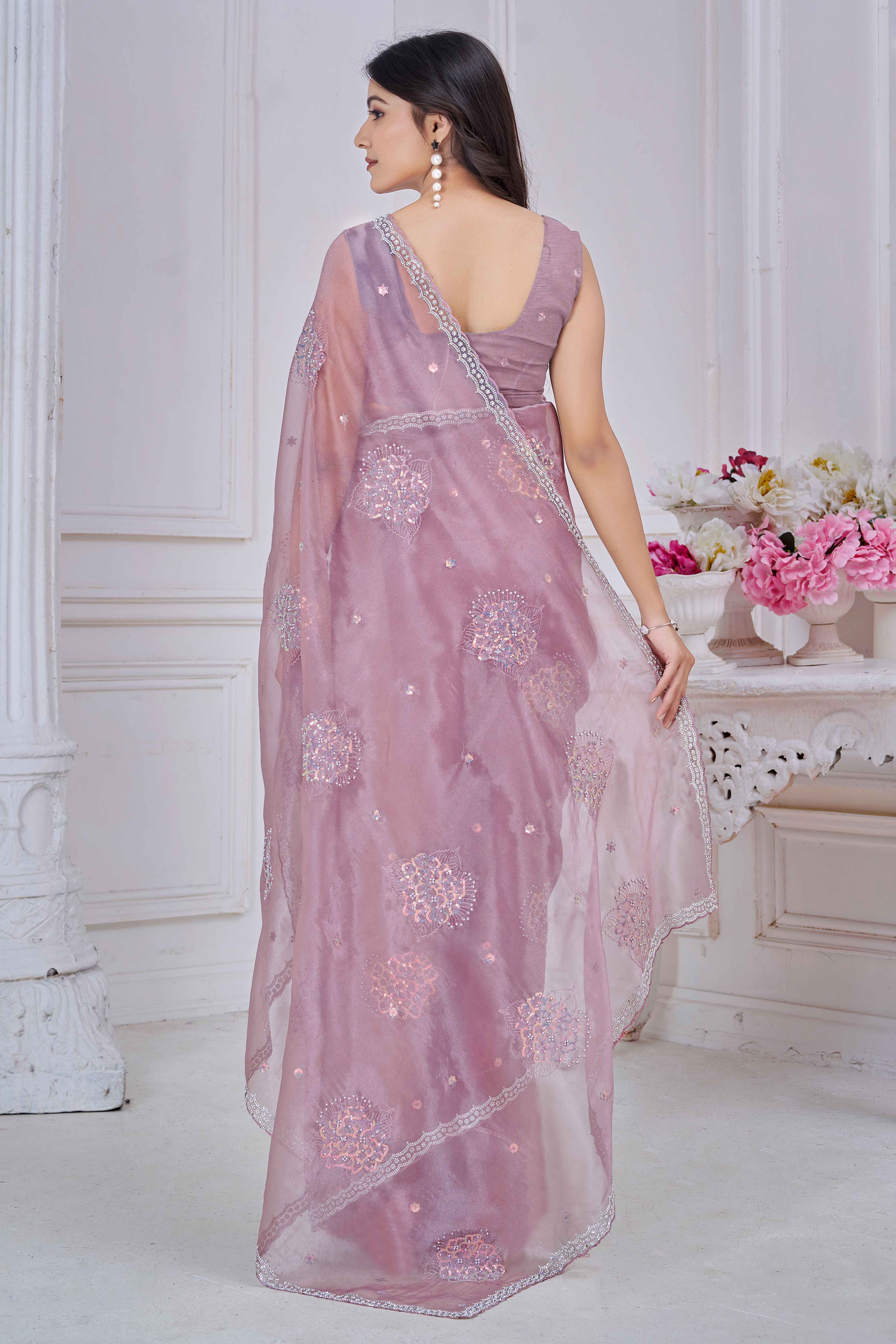 Mauve Sequins & Moti Work Organza Saree With Elegant Zarkan Border Detailing