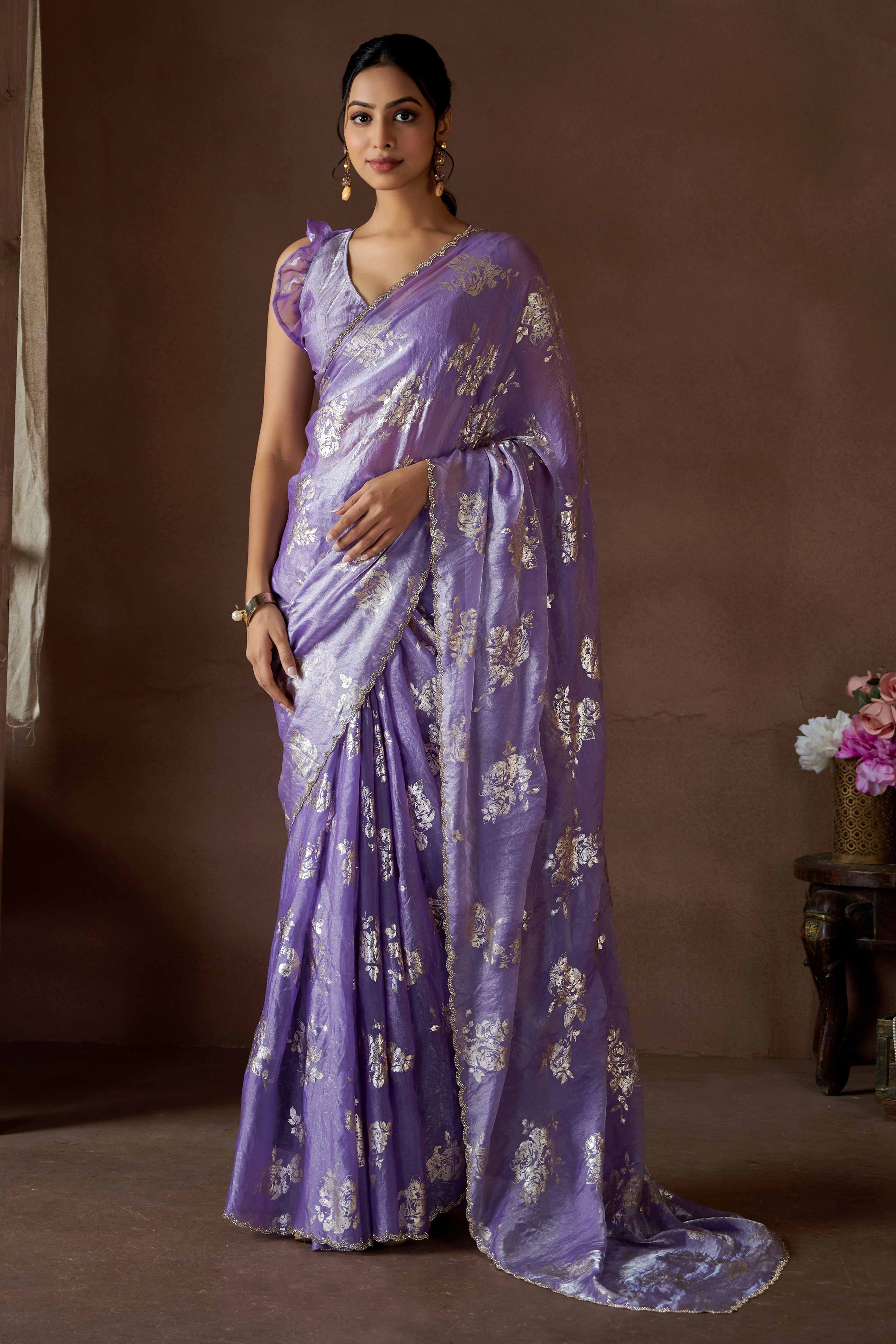 Lavender Floral Foil Printed Satin Silk Saree With Zarkan Border