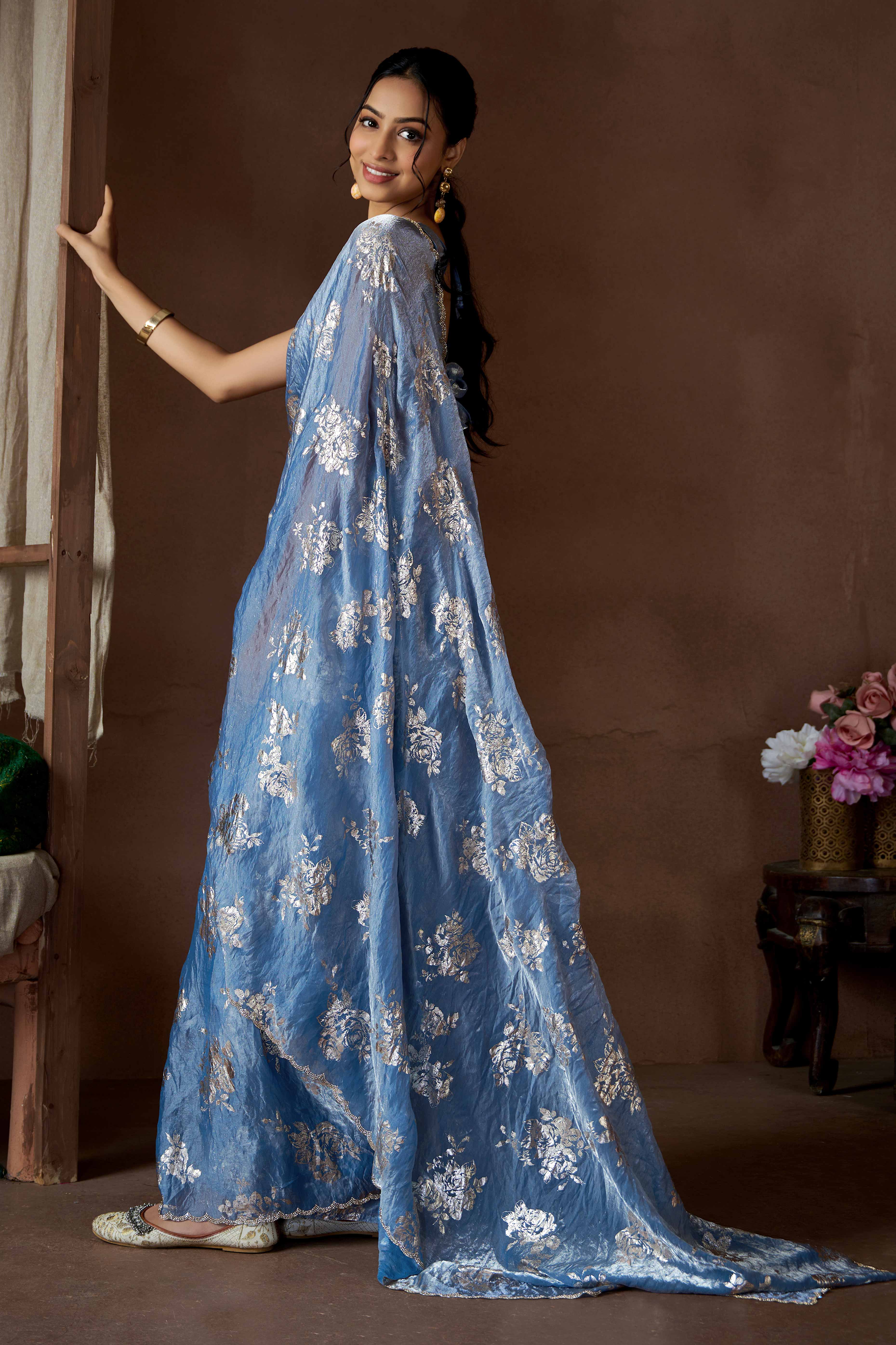 Blue Floral Foil Printed Satin Silk Saree With Zarkan Border