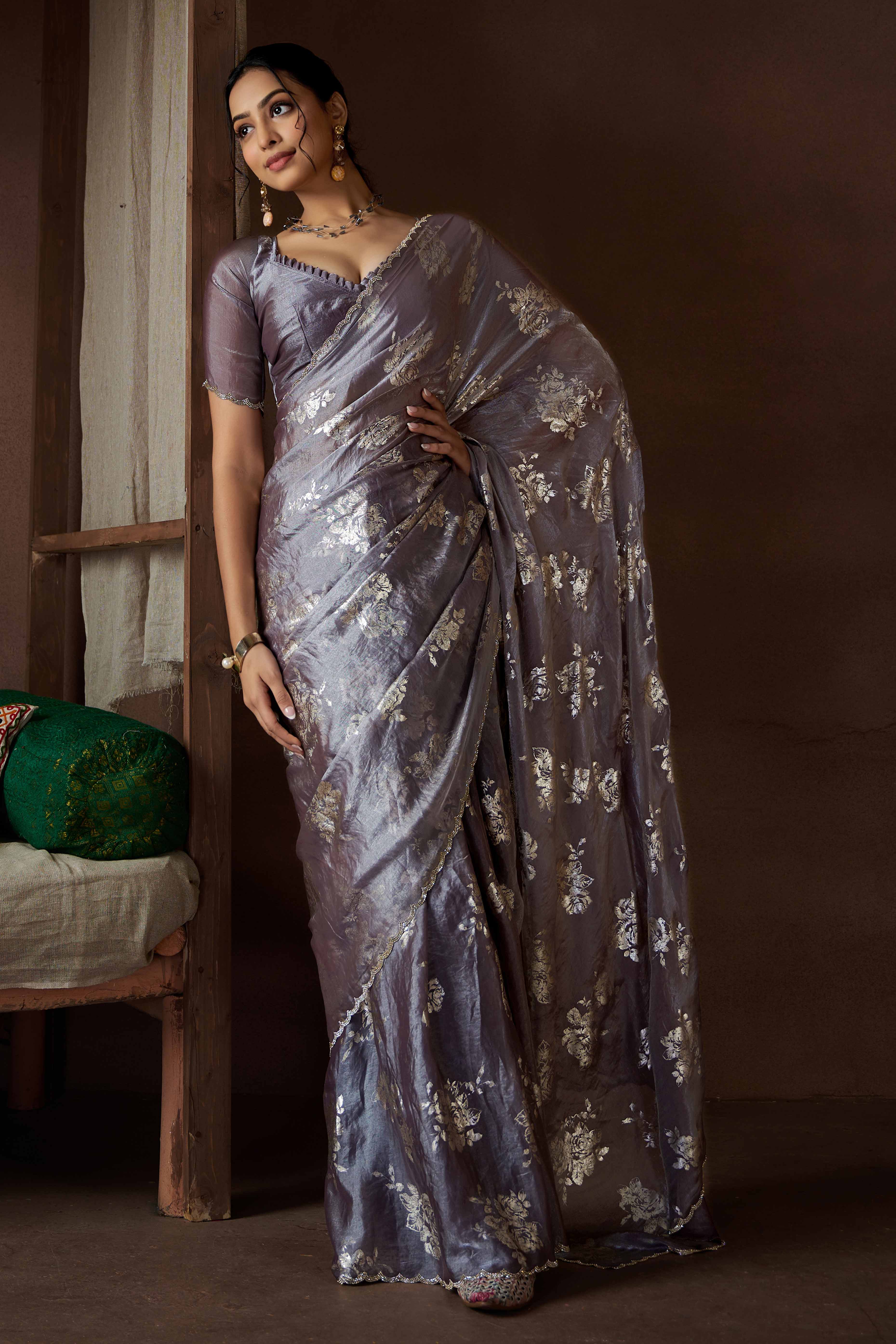 Grey Floral Foil Printed Satin Silk Saree With Zarkan Border