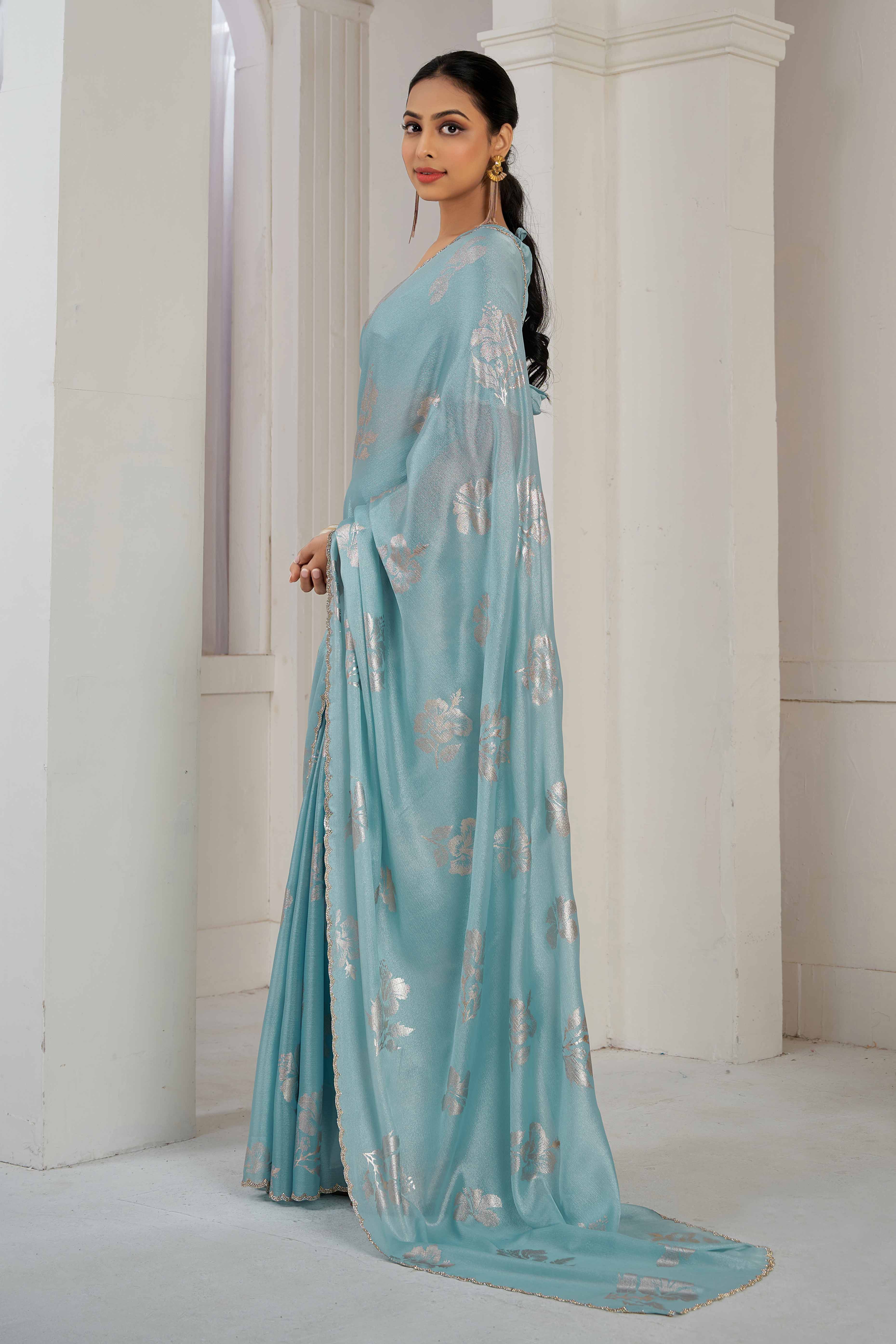 Sky Blue Floral Printed Stone Work Satin Saree