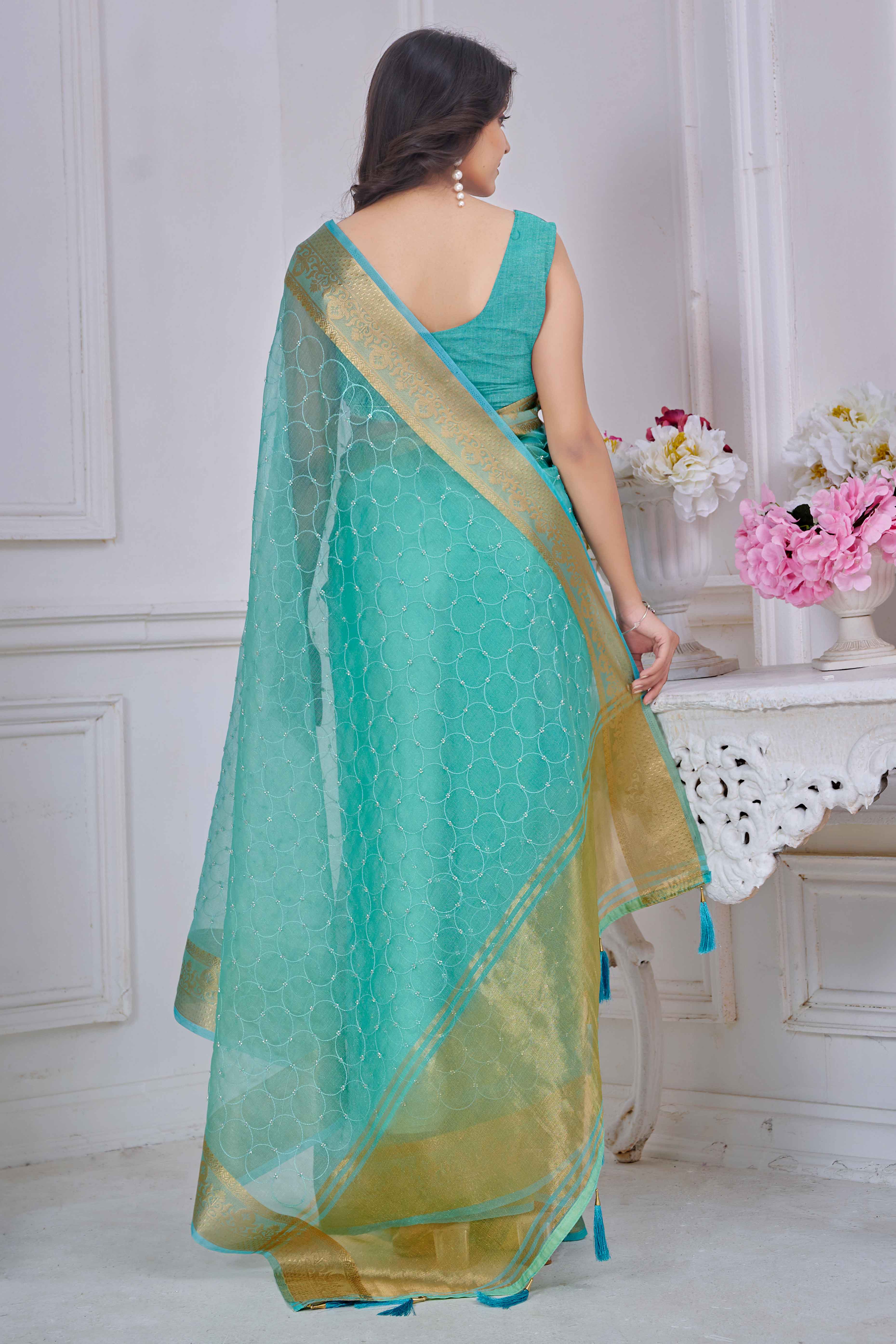 Turquoise Pure Jacquard Saree Weaving with Delicate Beads and Embroidery