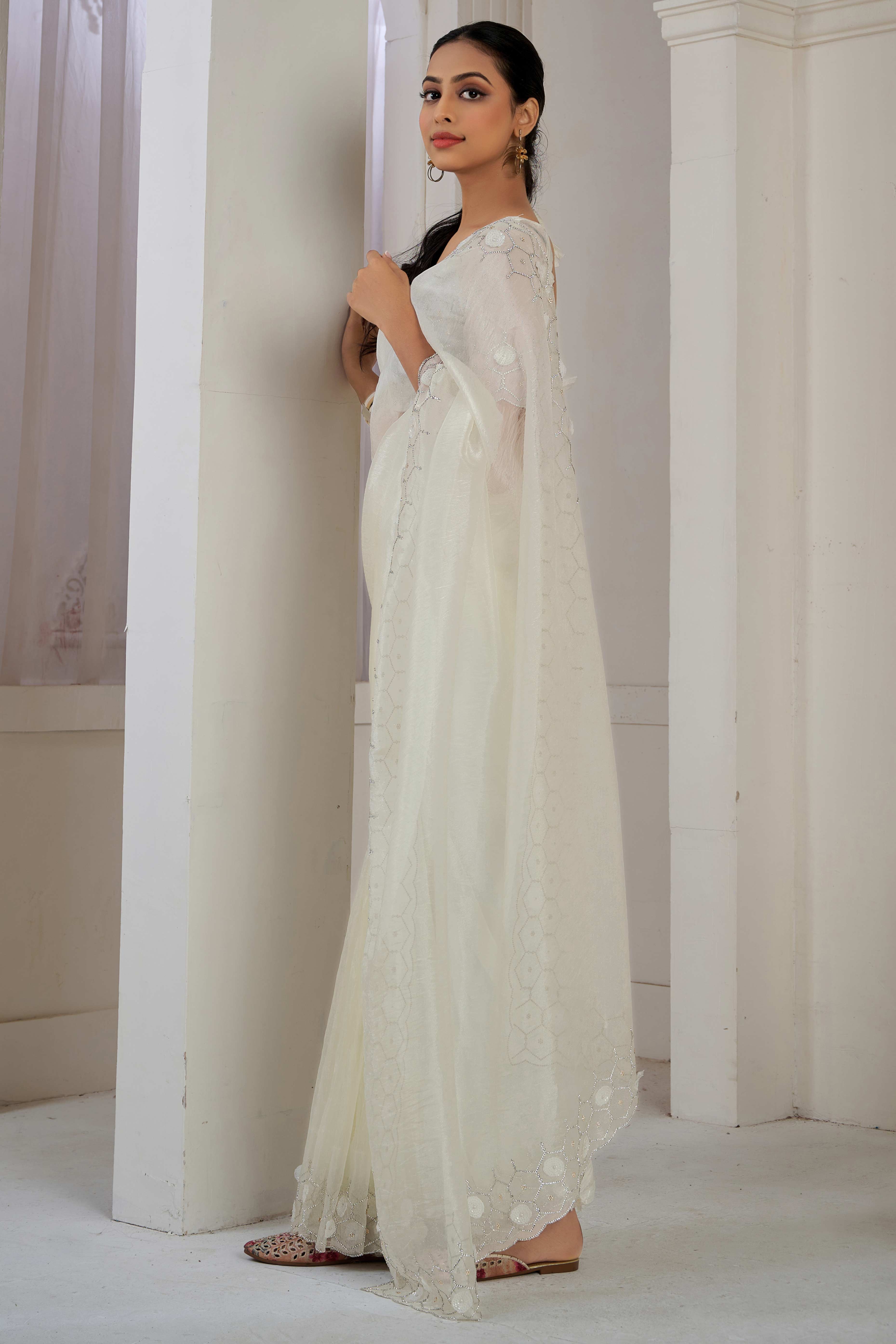 White Stone Work Soft Organza Saree