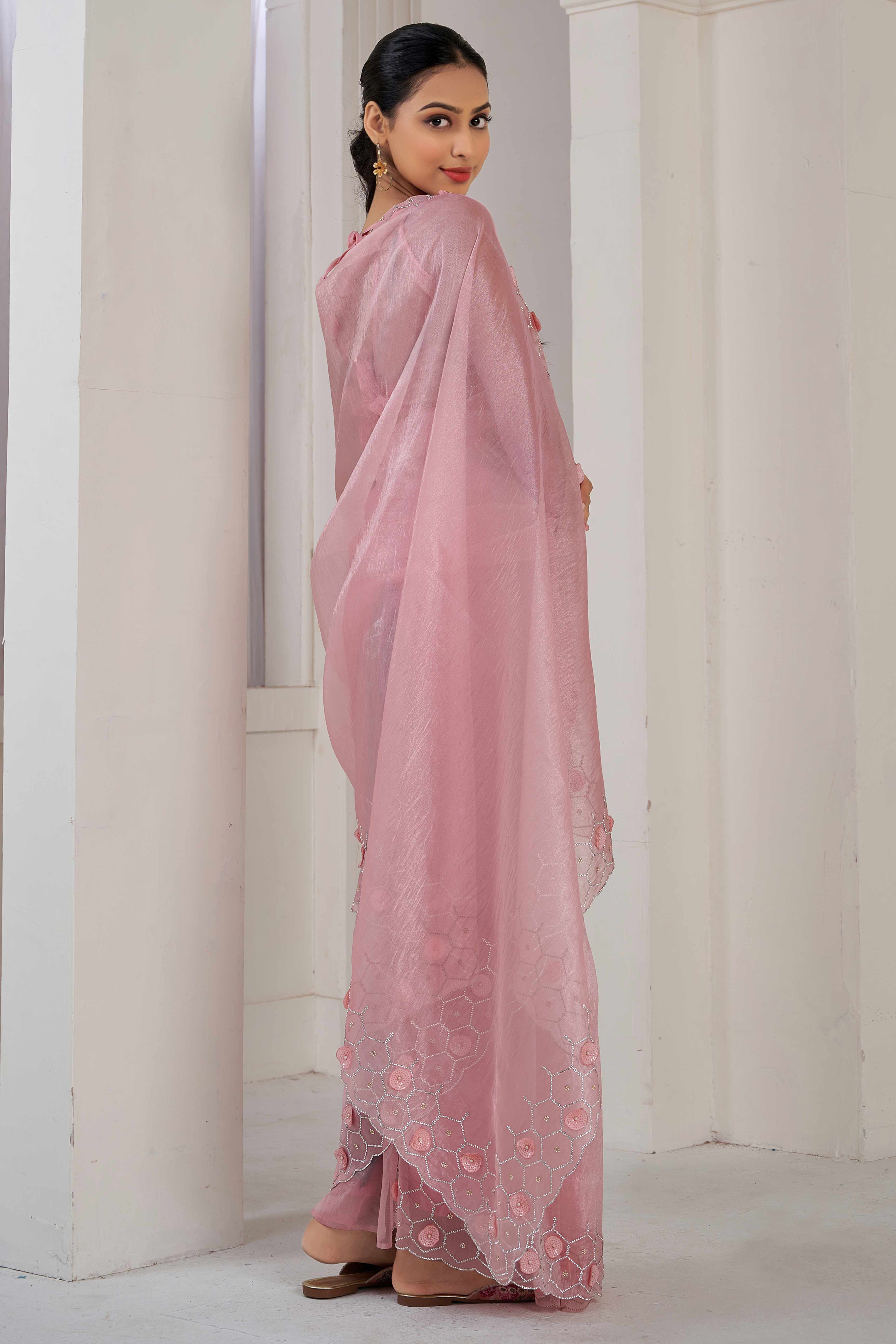 Peach Stone Work Soft Organza Saree