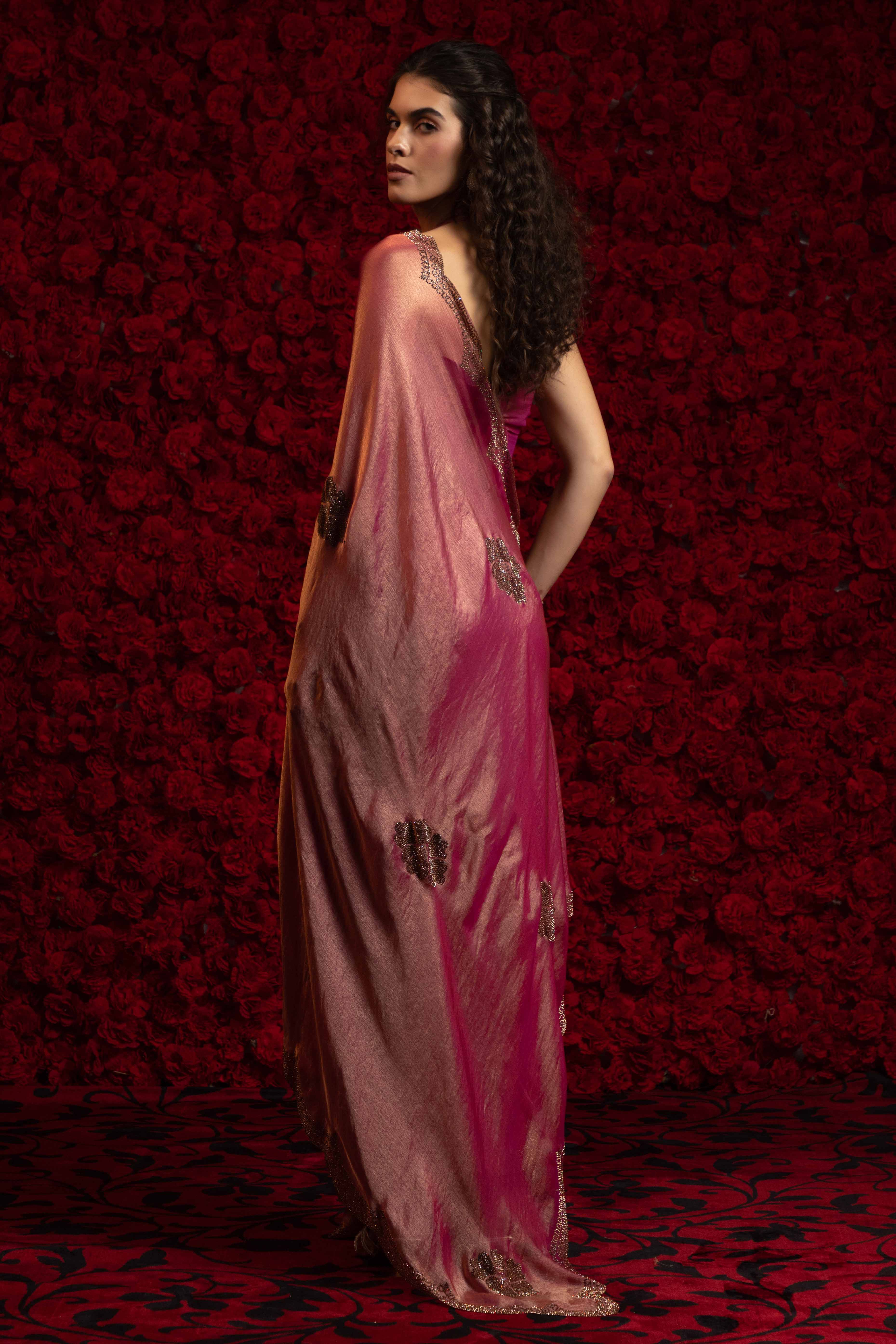 Magenta Stone Work Embellished Satin Chiffon Partywear Saree