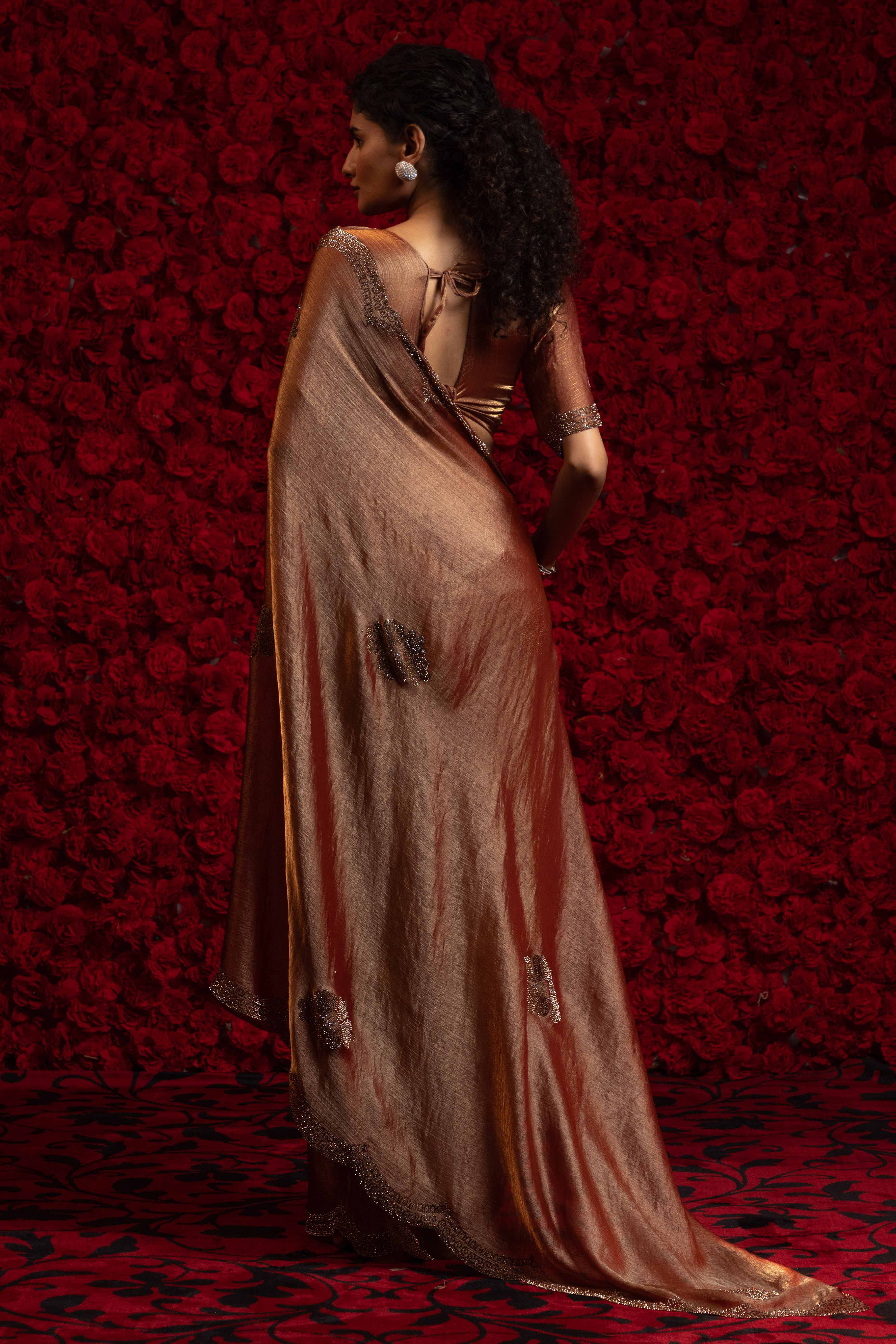 Brown Stone Work Embellished Satin Chiffon Partywear Saree