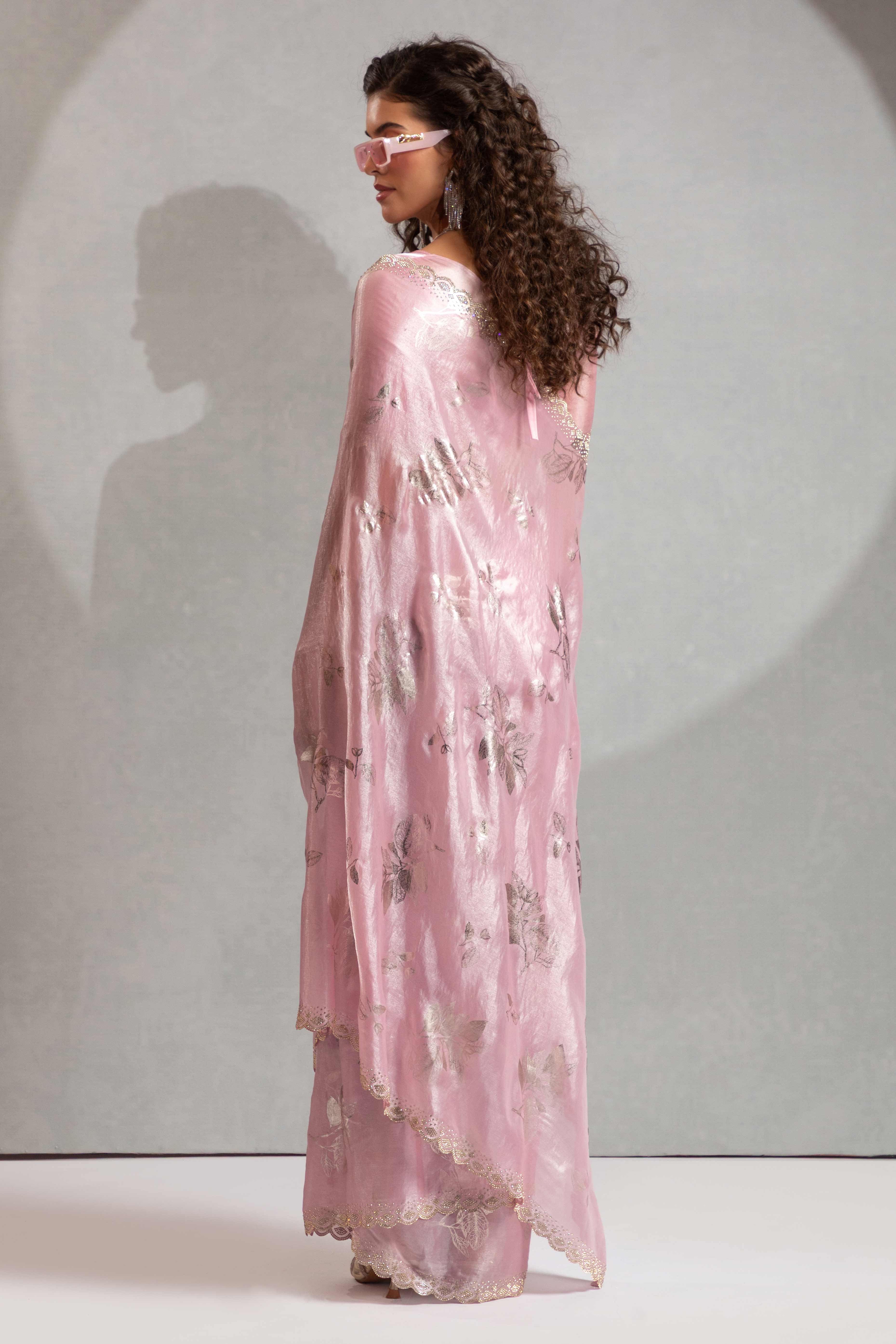 Designer Pink Satin Silk Saree Adorned with Foil & Stone Embellishments