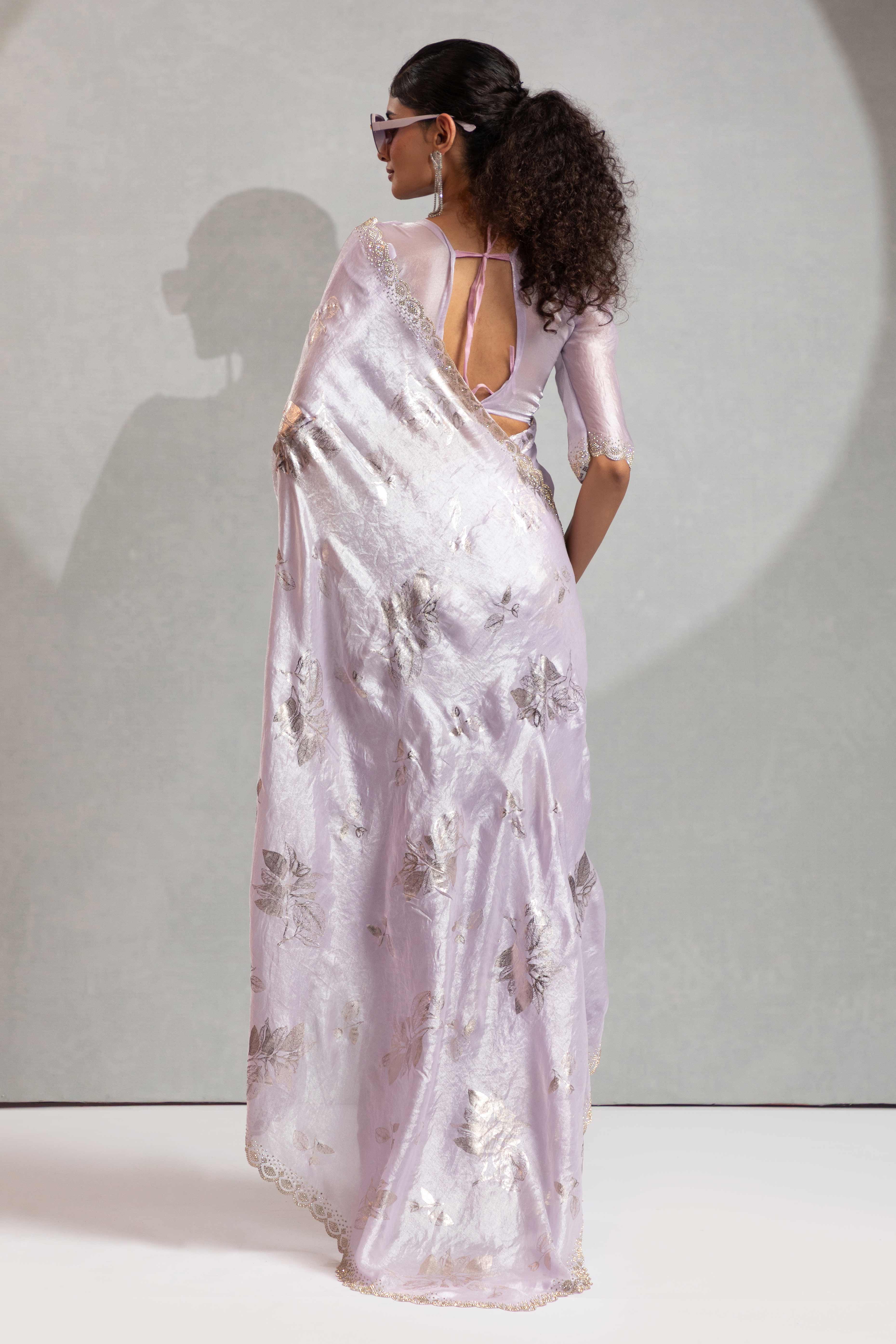 Designer Lavender Satin Silk Saree Adorned with Foil & Stone Embellishments