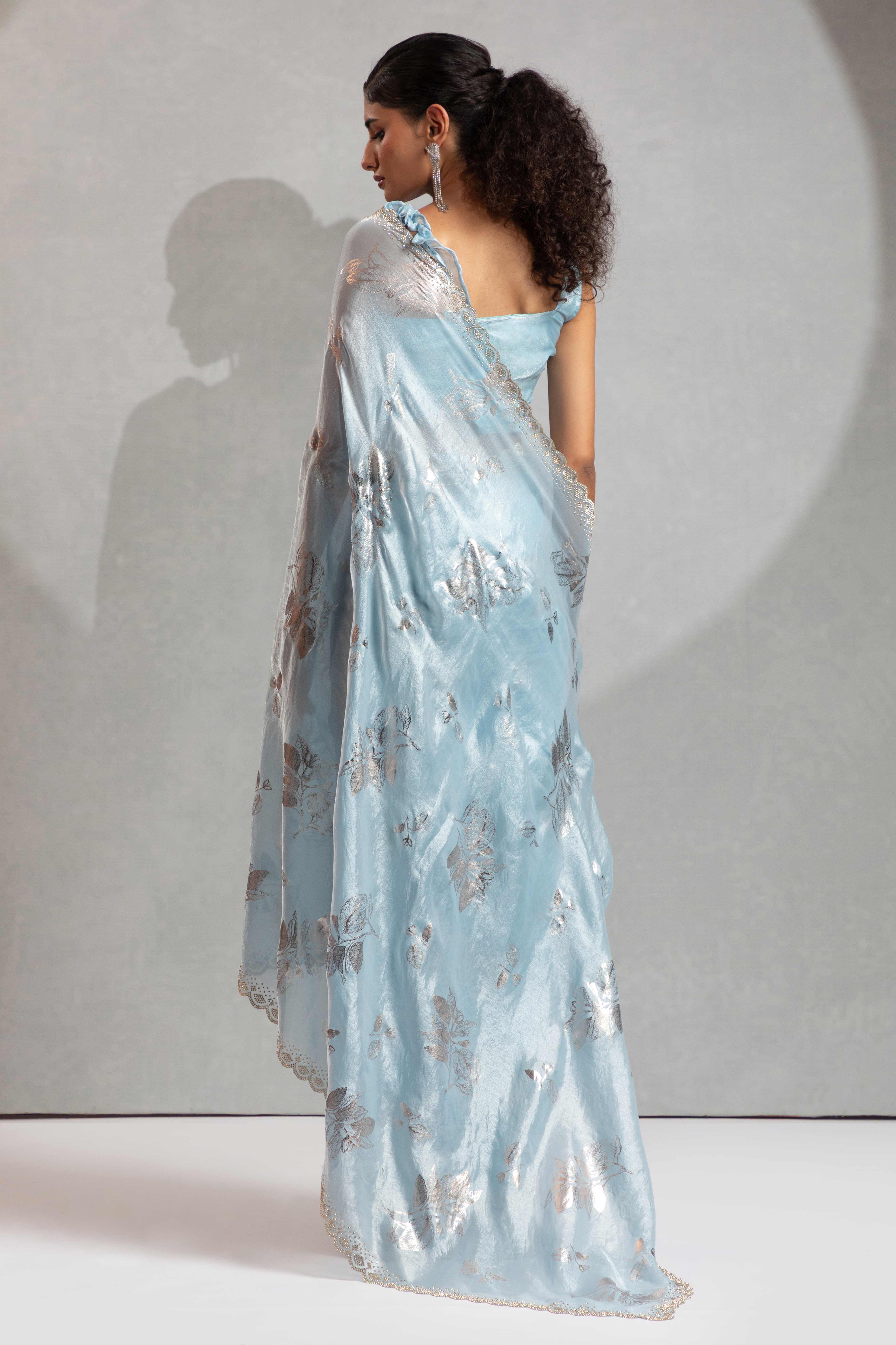 Designer Sky Blue Satin Silk Saree Adorned with Foil & Stone Embellishments