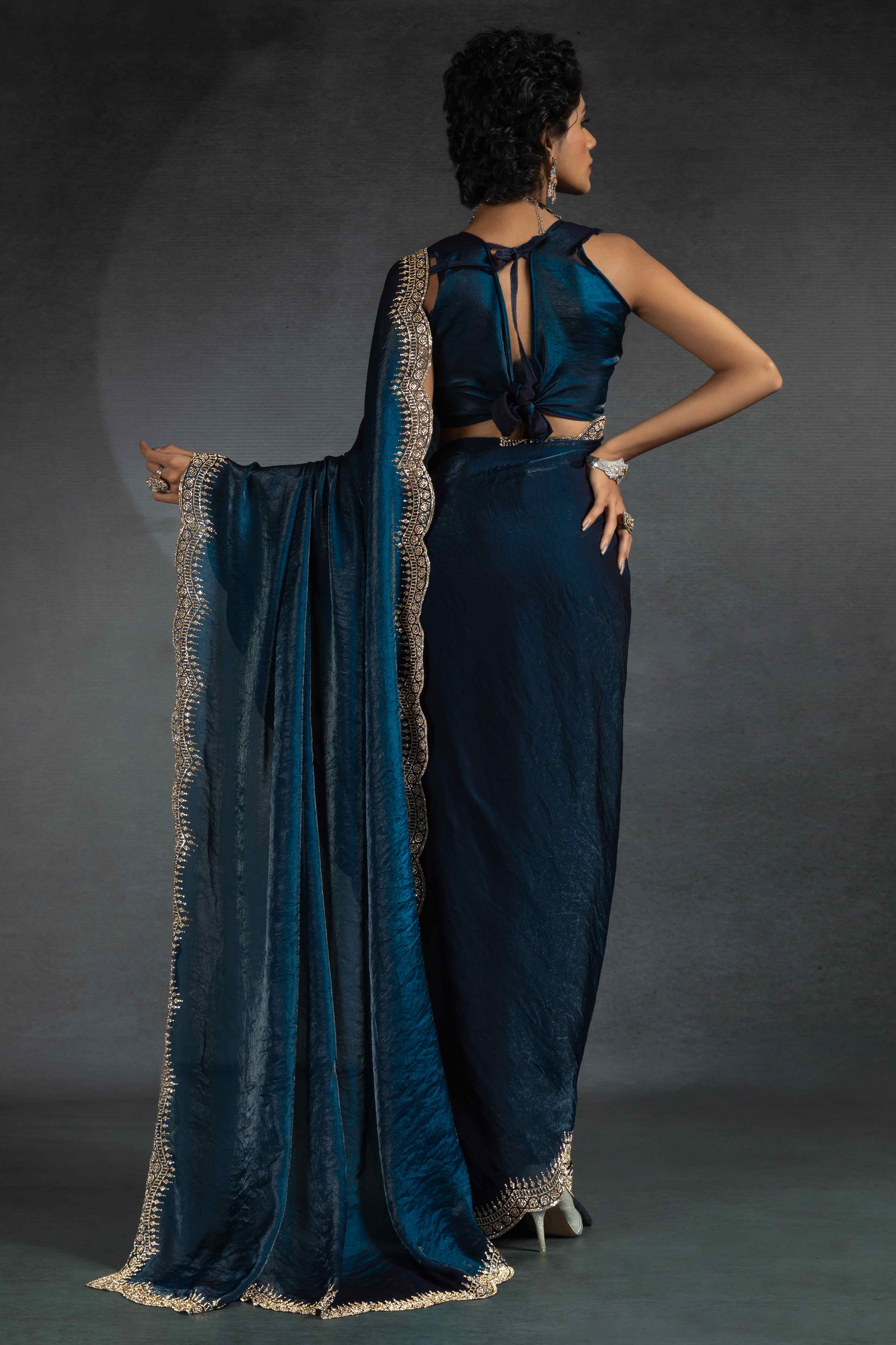 Blue Satin Saree Embellished with Stones for a Party Look