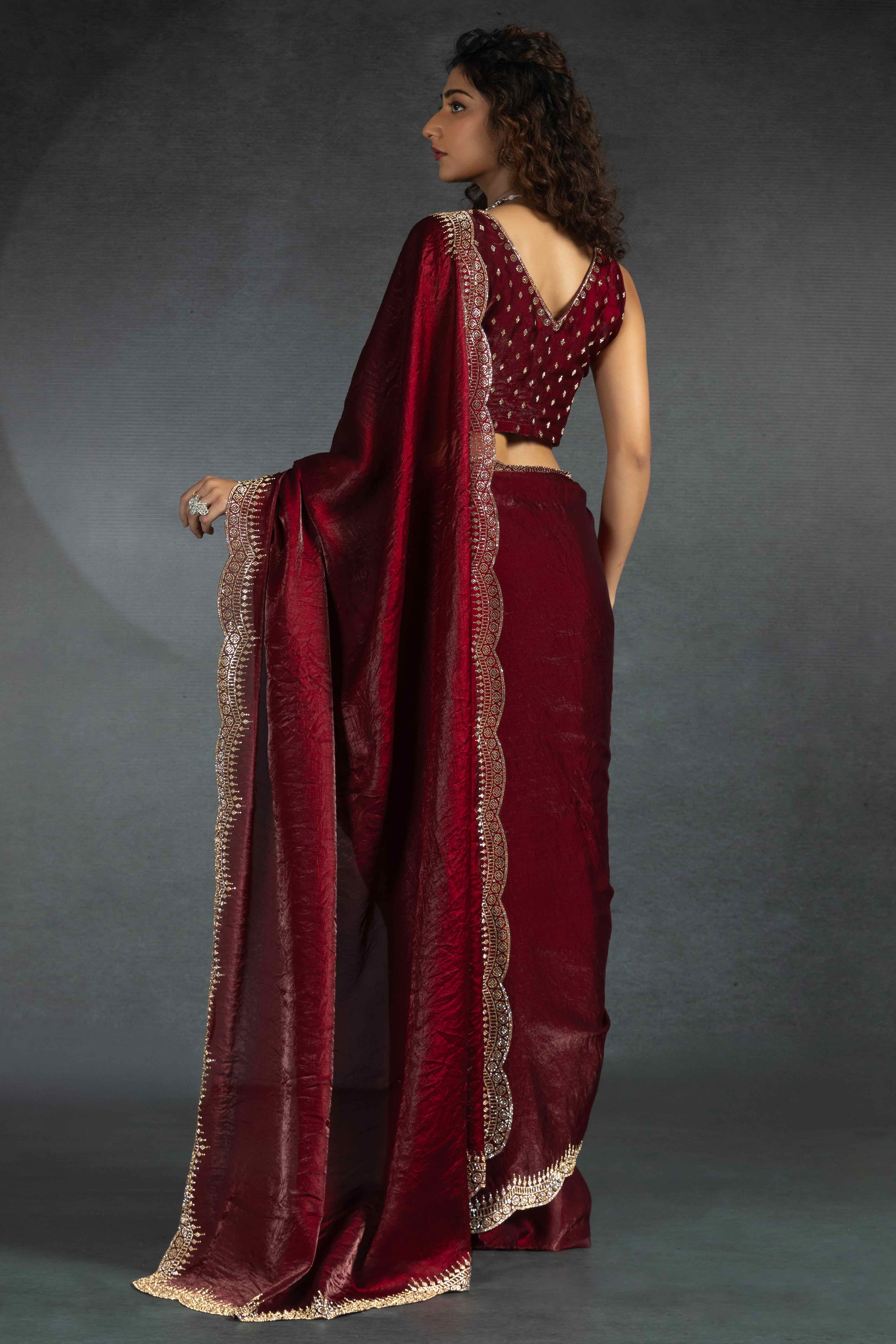 Maroon Satin Saree Embellished with Stones for a Party Look