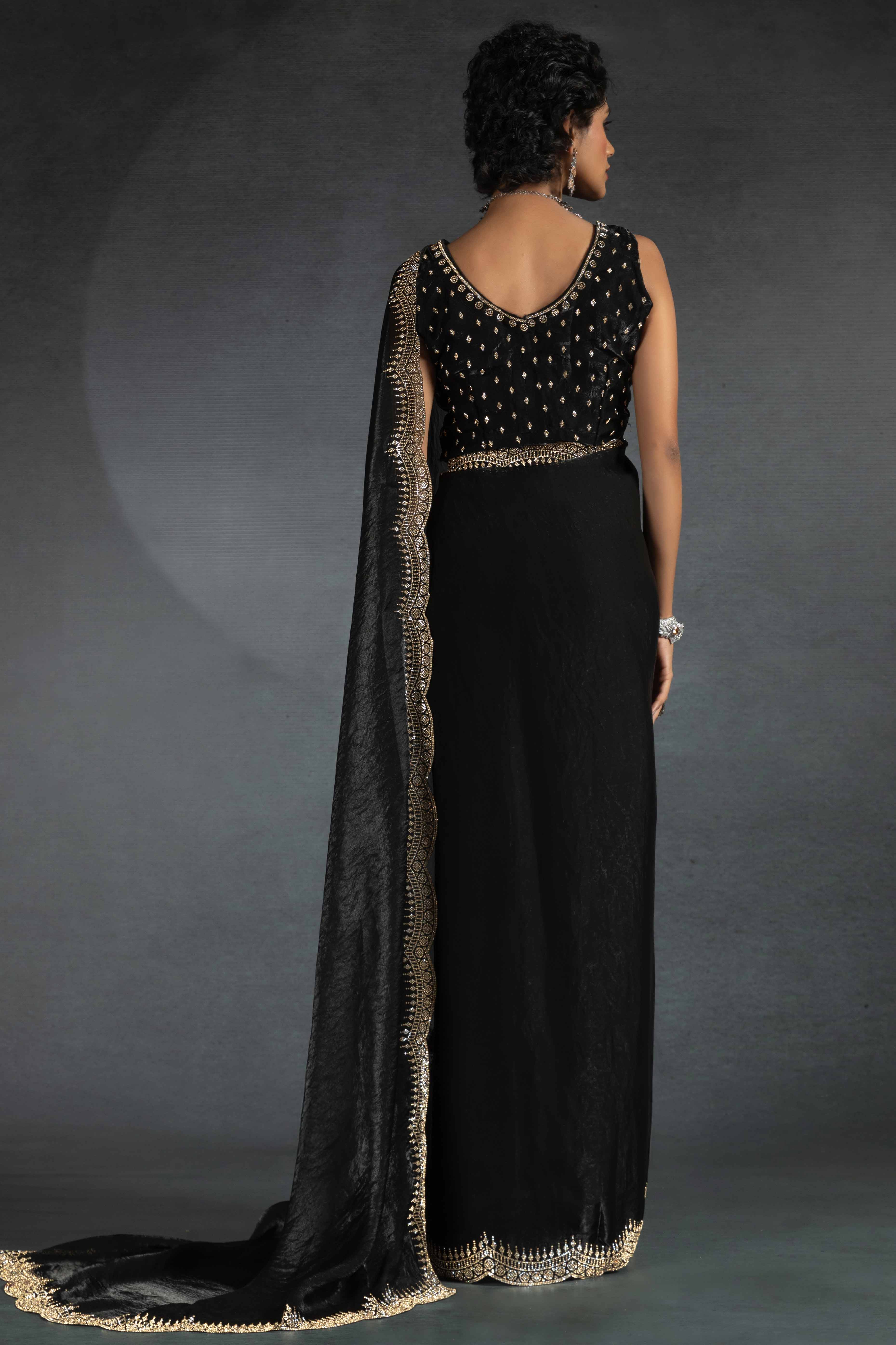 Black Satin Saree Embellished with Stones for a Party Look