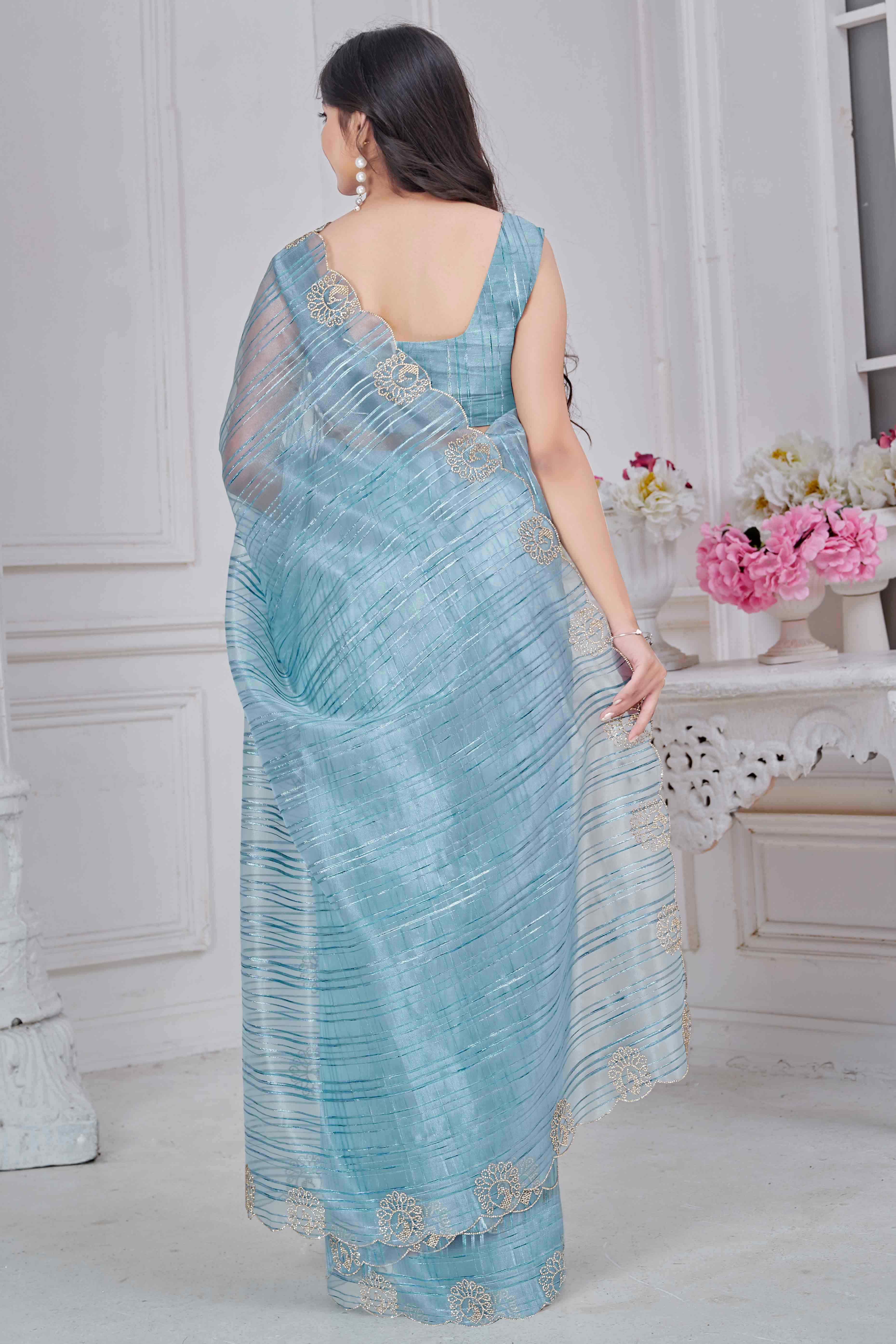 Sky Blue Cotton Blend Saree with Modern Stripes and Delicate Stone Embroidery