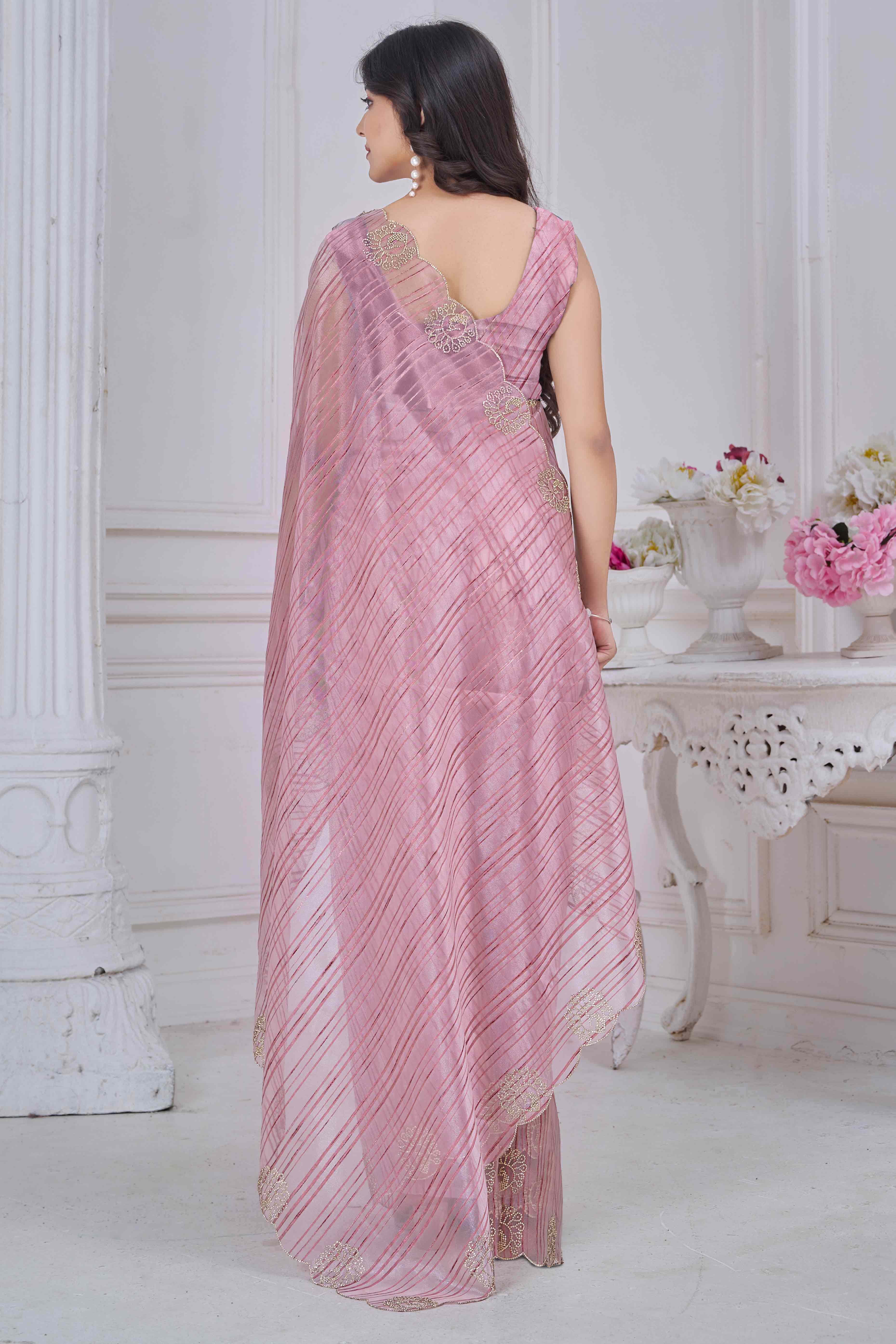 Pink Cotton Blend Saree with Modern Stripes and Delicate Stone Embroidery