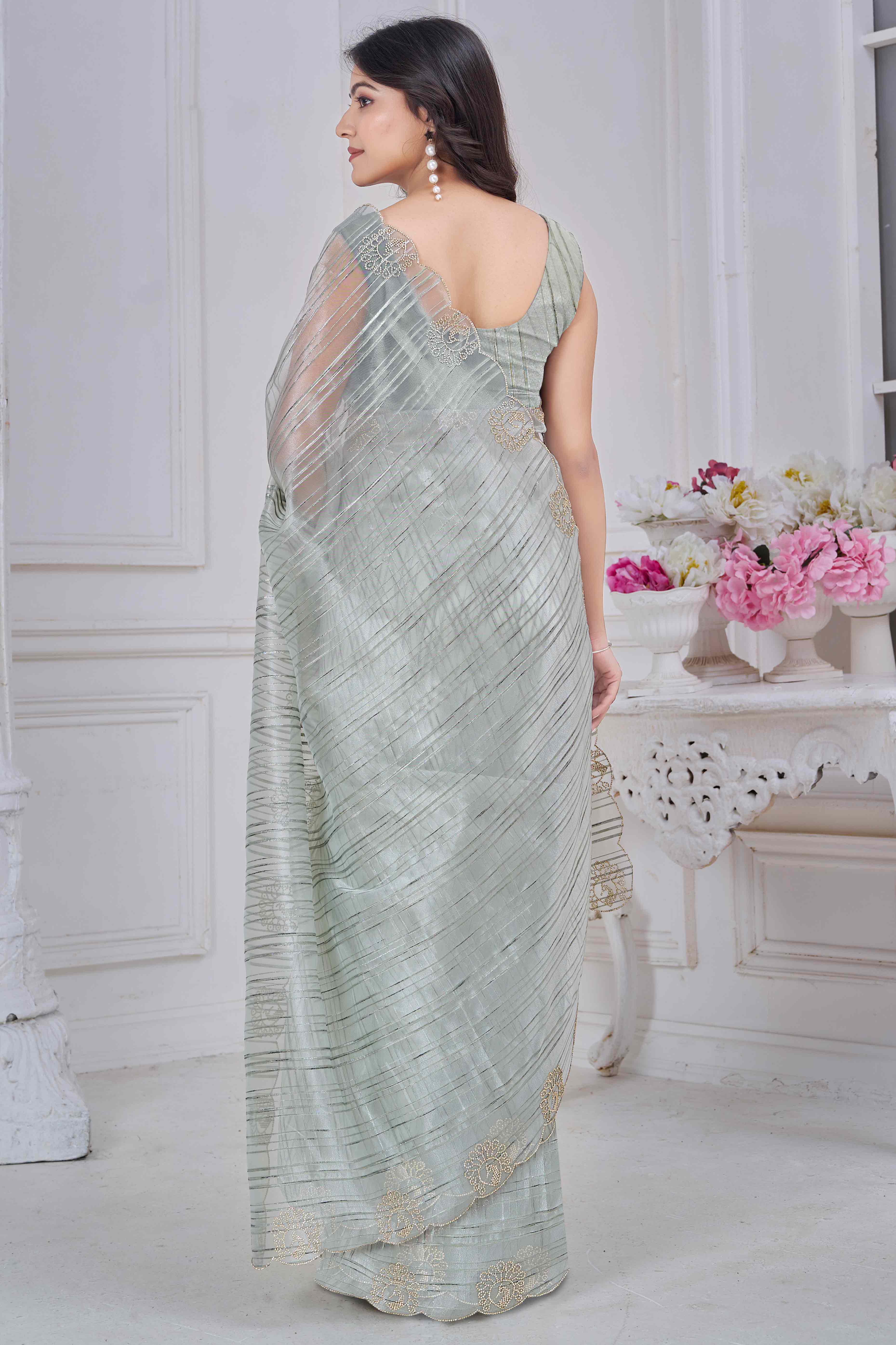 Green Cotton Blend Saree with Modern Stripes and Delicate Stone Embroidery
