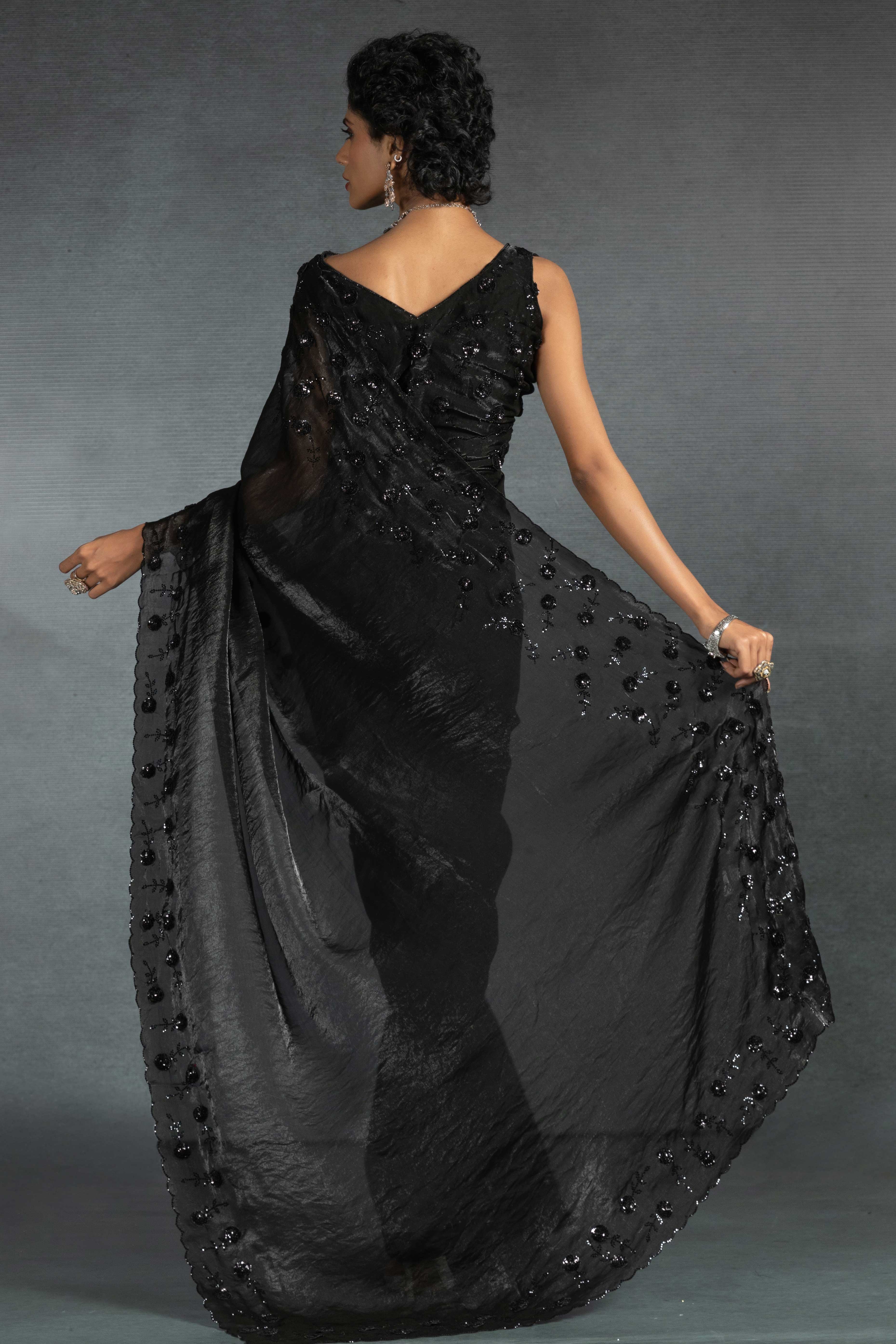 Black Satin Saree with Stone and Sequin Embellishment