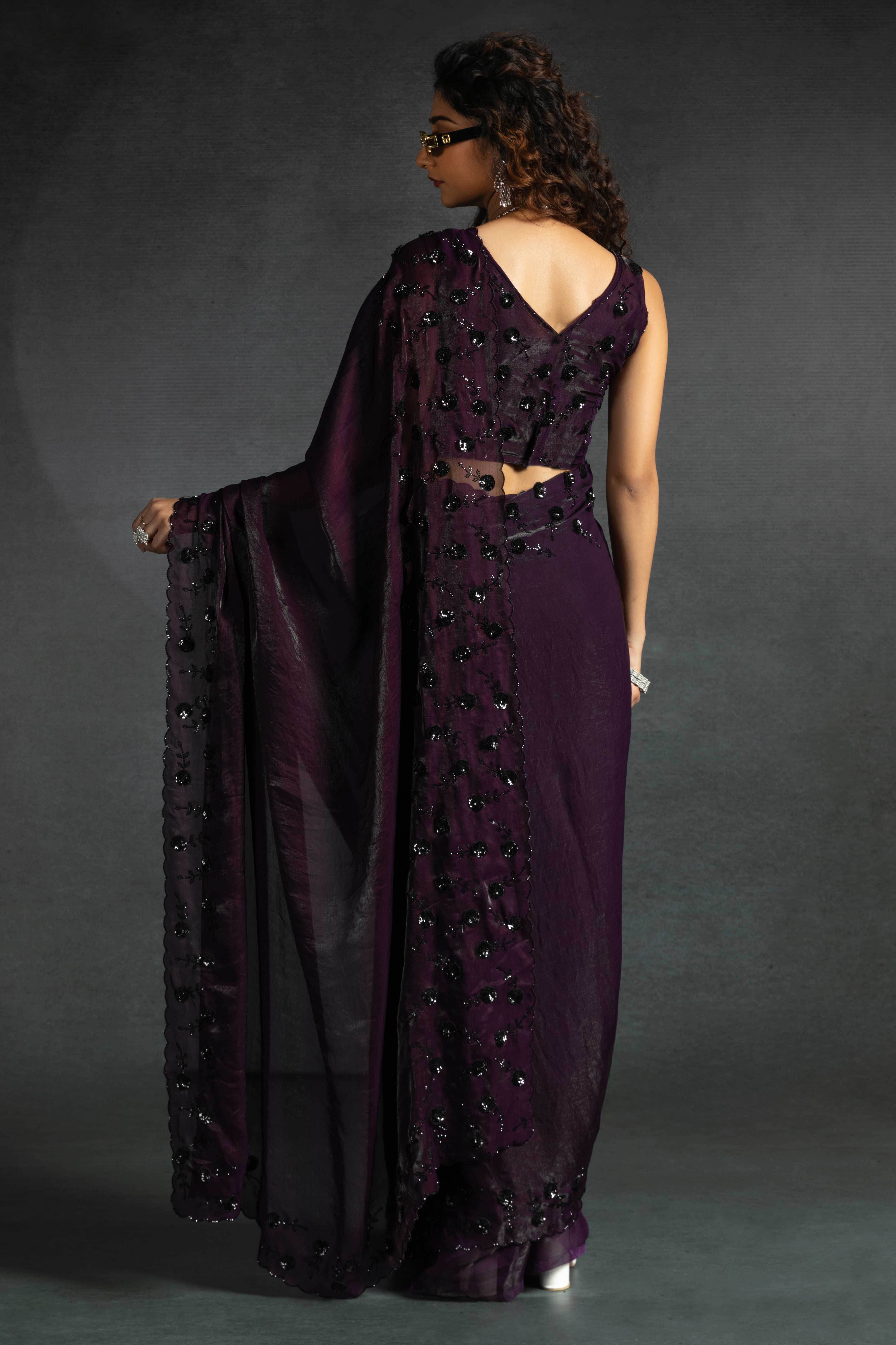 Dark Purple Satin Saree with Stone and Sequin Embellishment