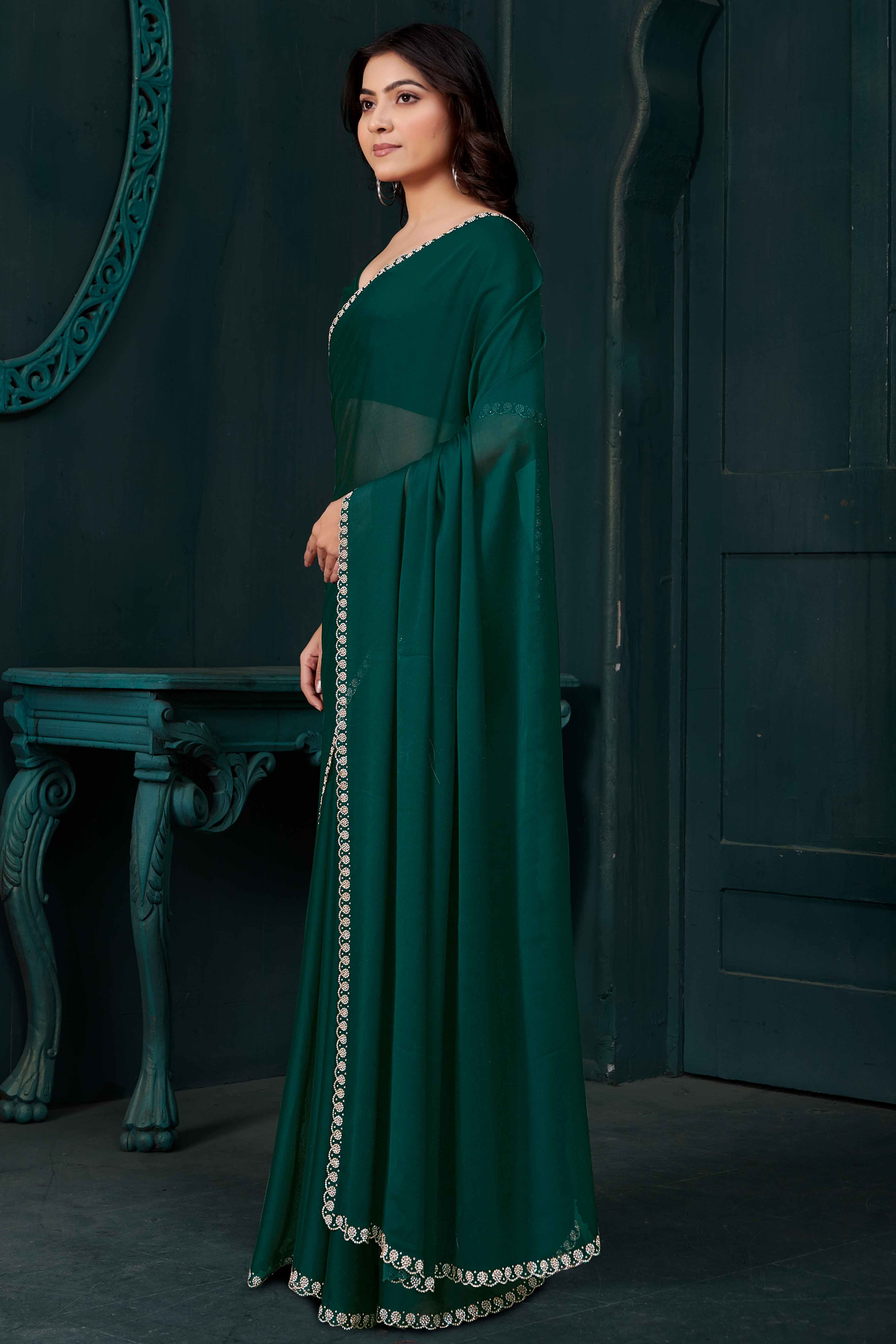 Green Crepe Silk Solid Saree with Elegant Zarkan Border Detailing