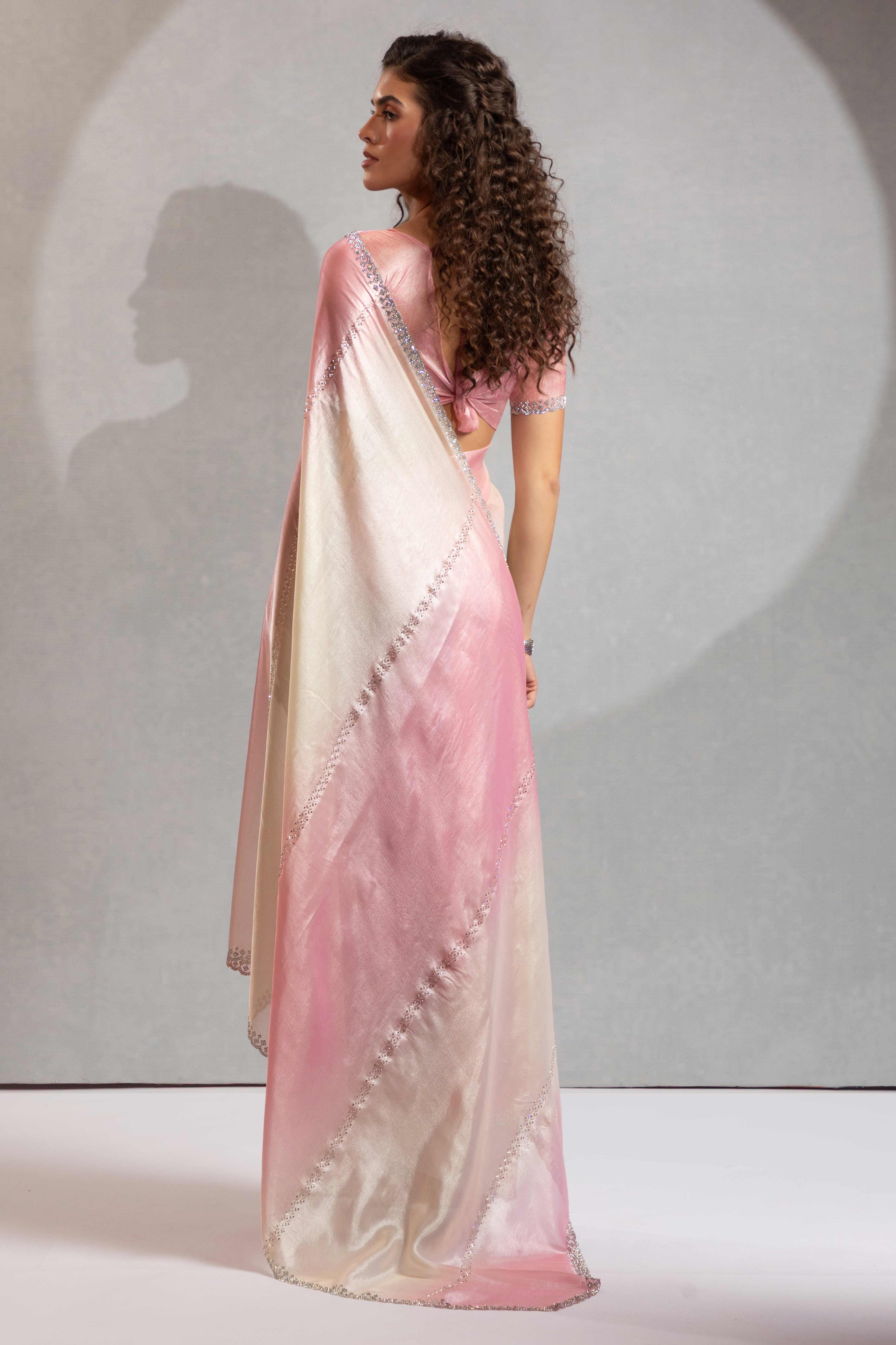 Light Pink & Off White Satin Silk Saree Decorated With Stone Embellishments
