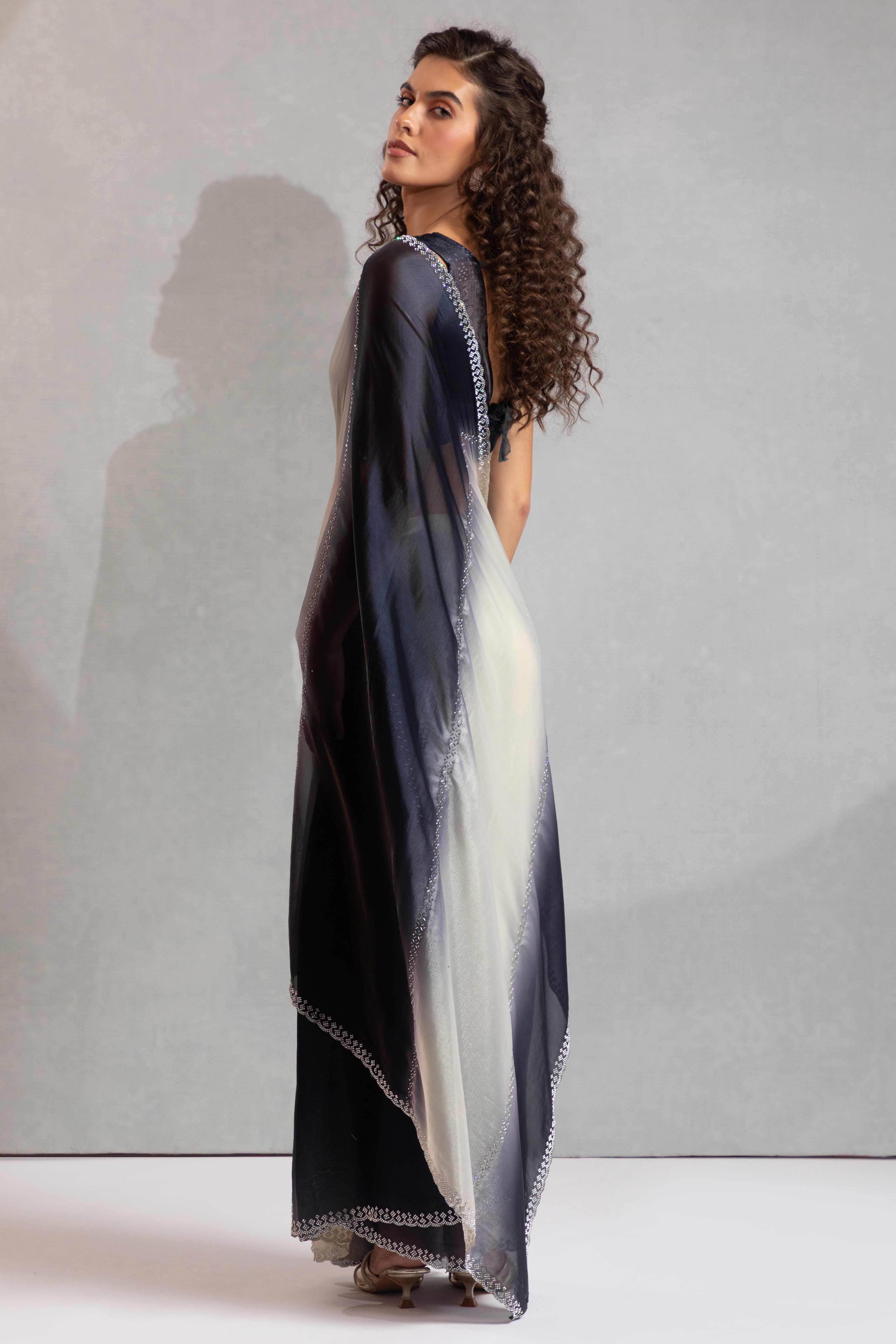 Black & Off White Satin Silk Saree Decorated With Stone Embellishments