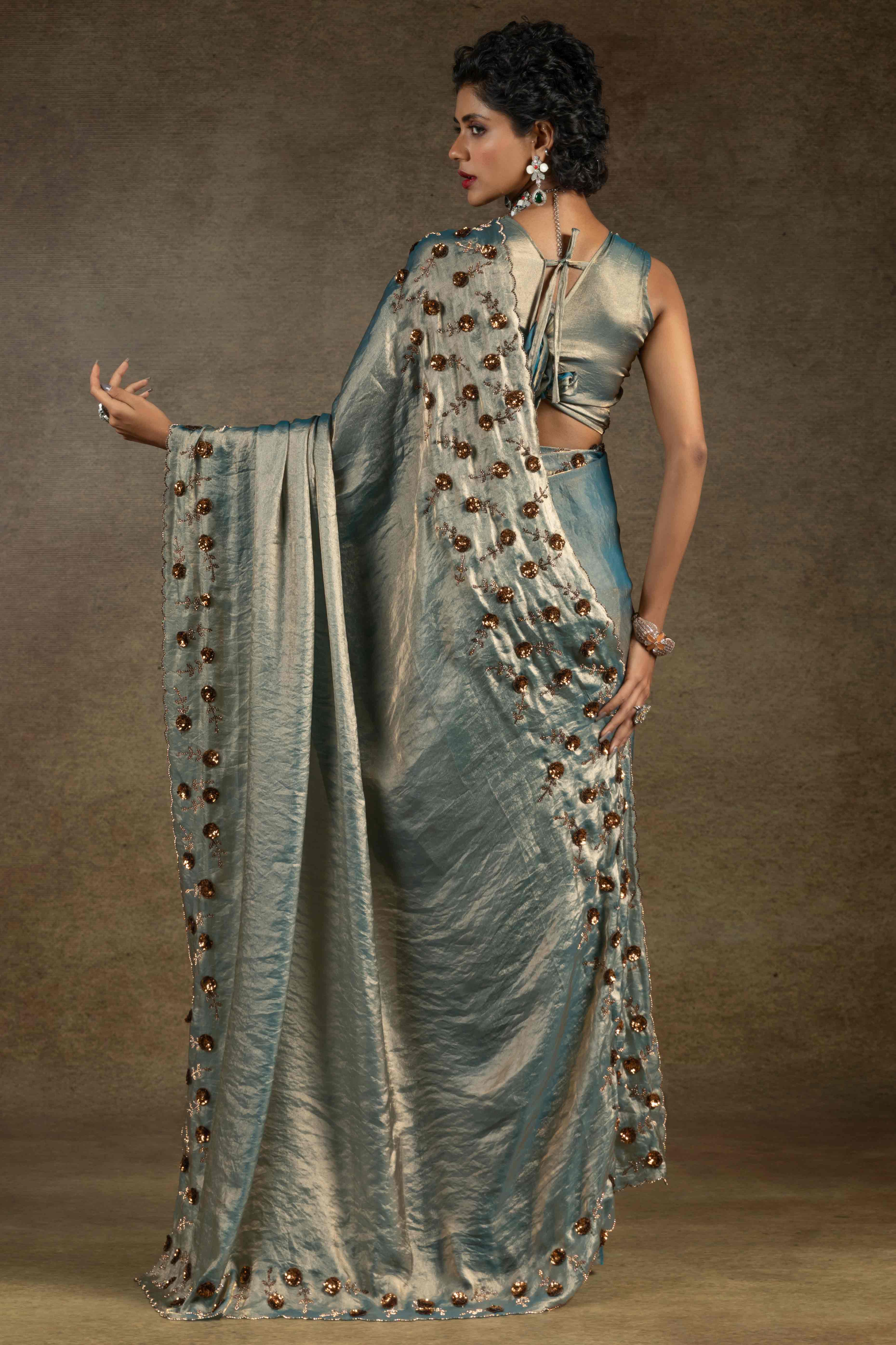 Blue Zarkan With Sequin & Beads Work Satin Silk Two Tone Saree