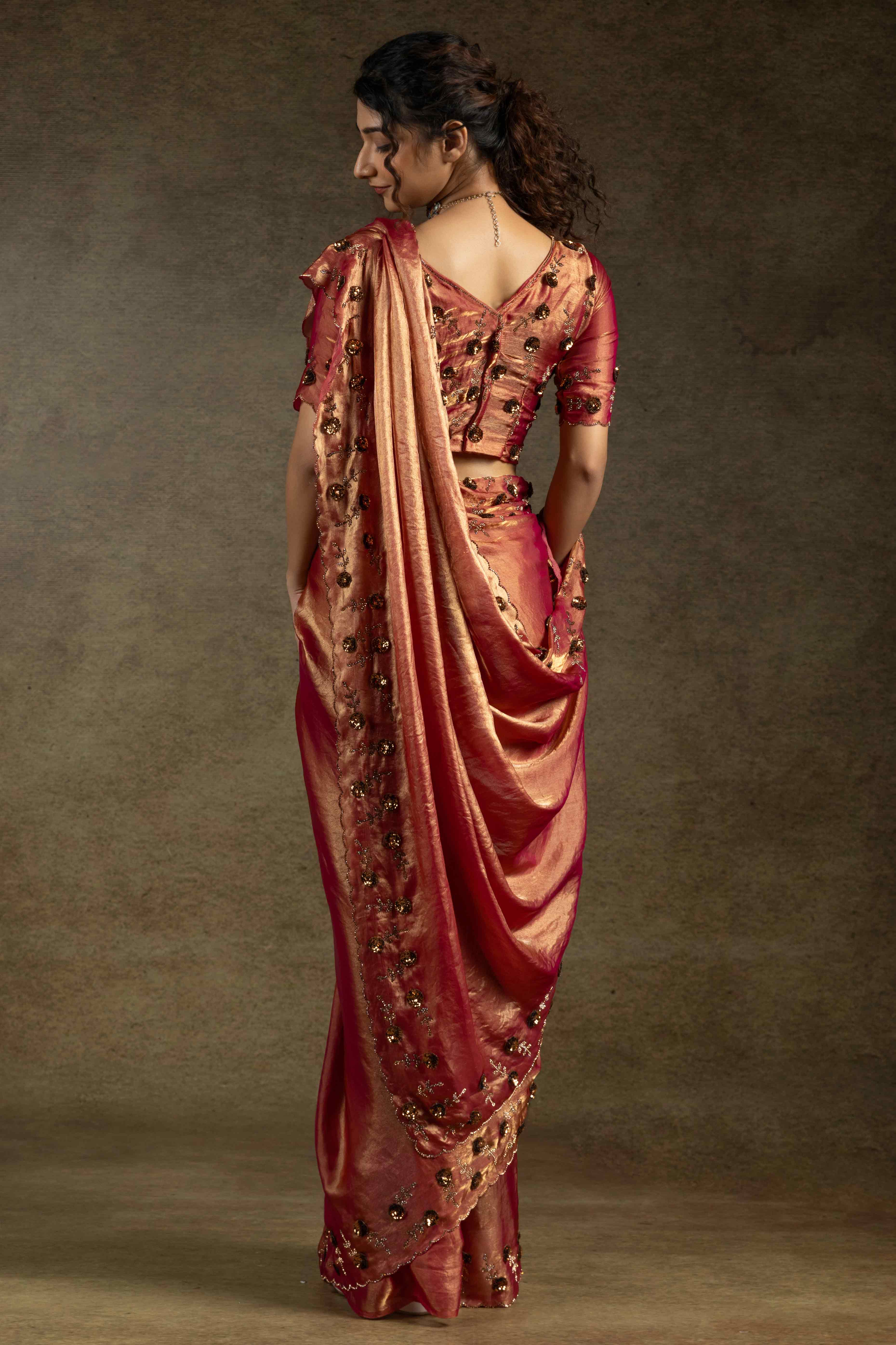 Brick Red Zarkan With Sequin & Beads Work Satin Silk Two Tone Saree