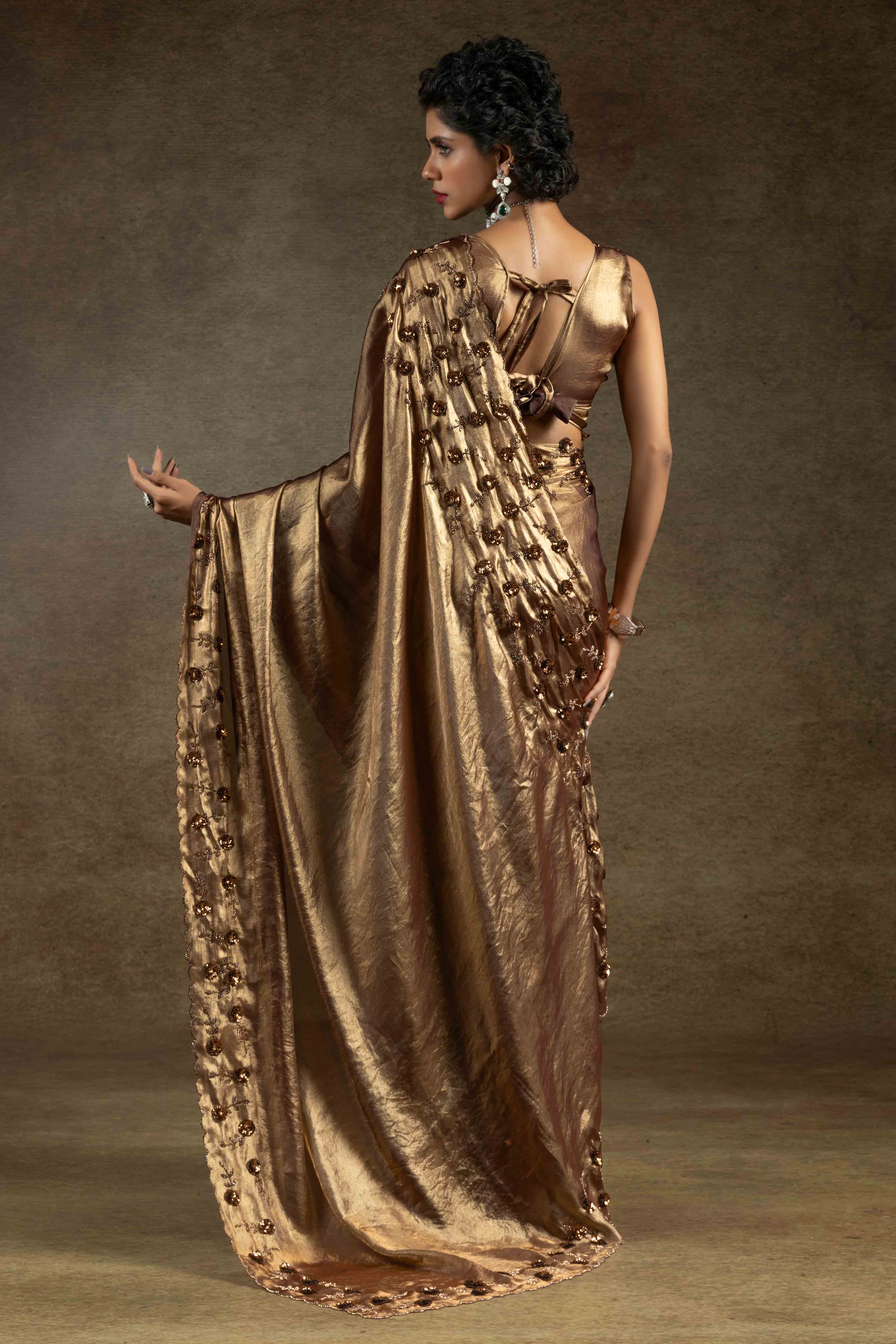 Metallic Bronze Zarkan With Sequin & Beads Work Satin Silk Two Tone Saree