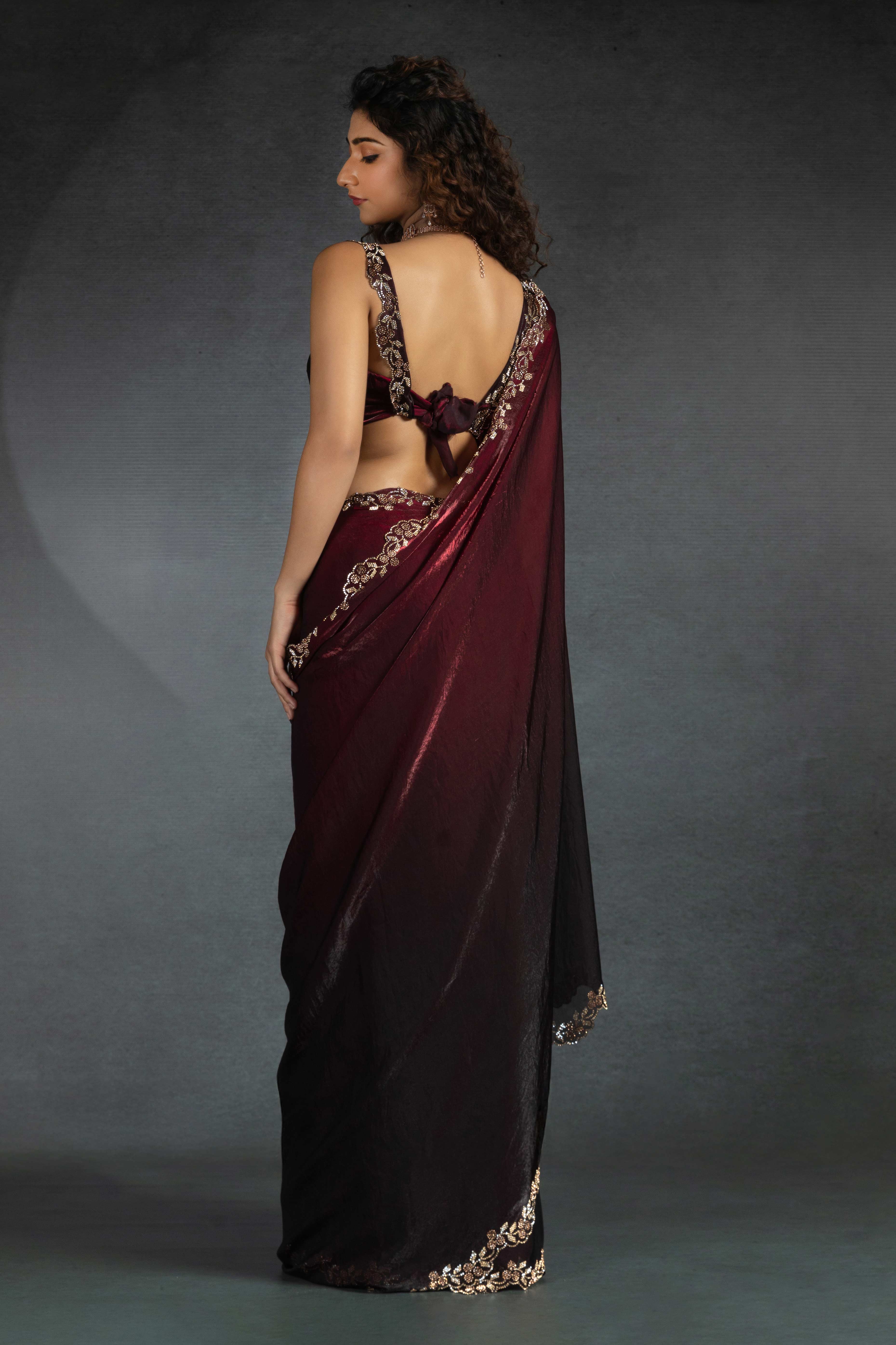 Maroon Satin Silk Two Tone Saree with Intricate Zarkan Embellishments