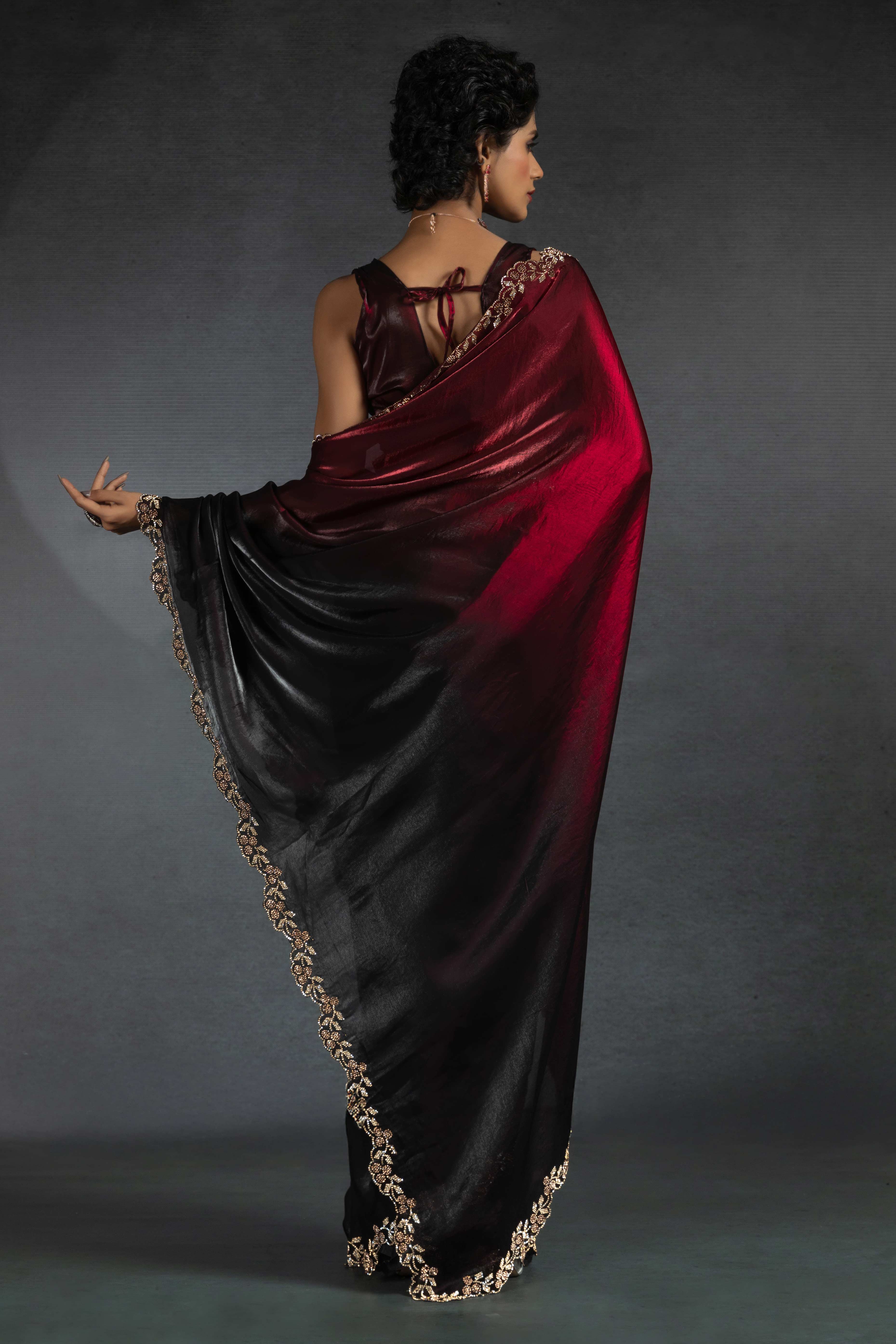 Cherry Red Satin Silk Two Tone Saree with Intricate Zarkan Embellishments