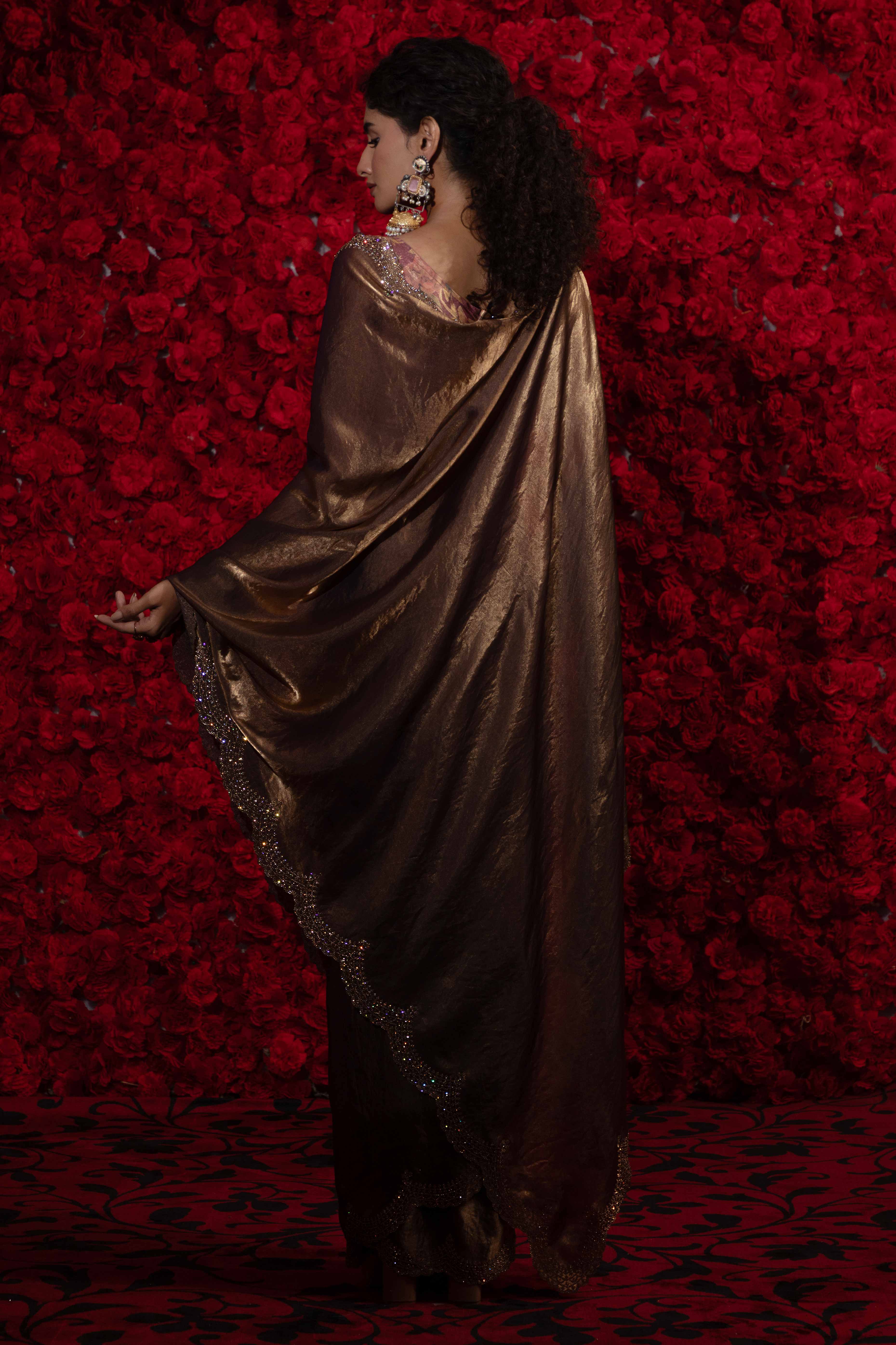 Crushed Satin Silk Embellished Saree in Bronze Brown with Sparkling Stone Work