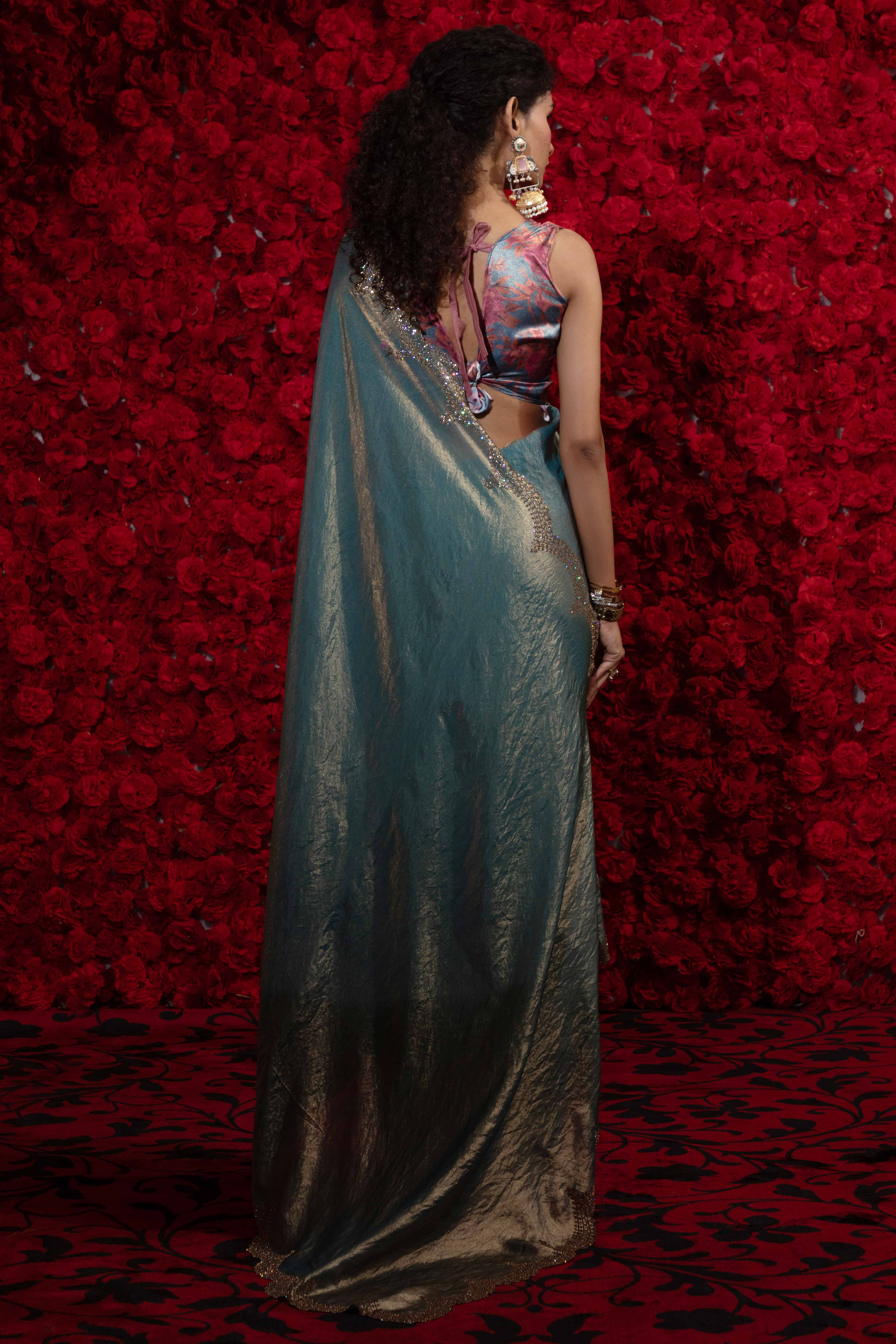 Crushed Satin Silk Embellished Saree in Teal Blue with Sparkling Stone Work