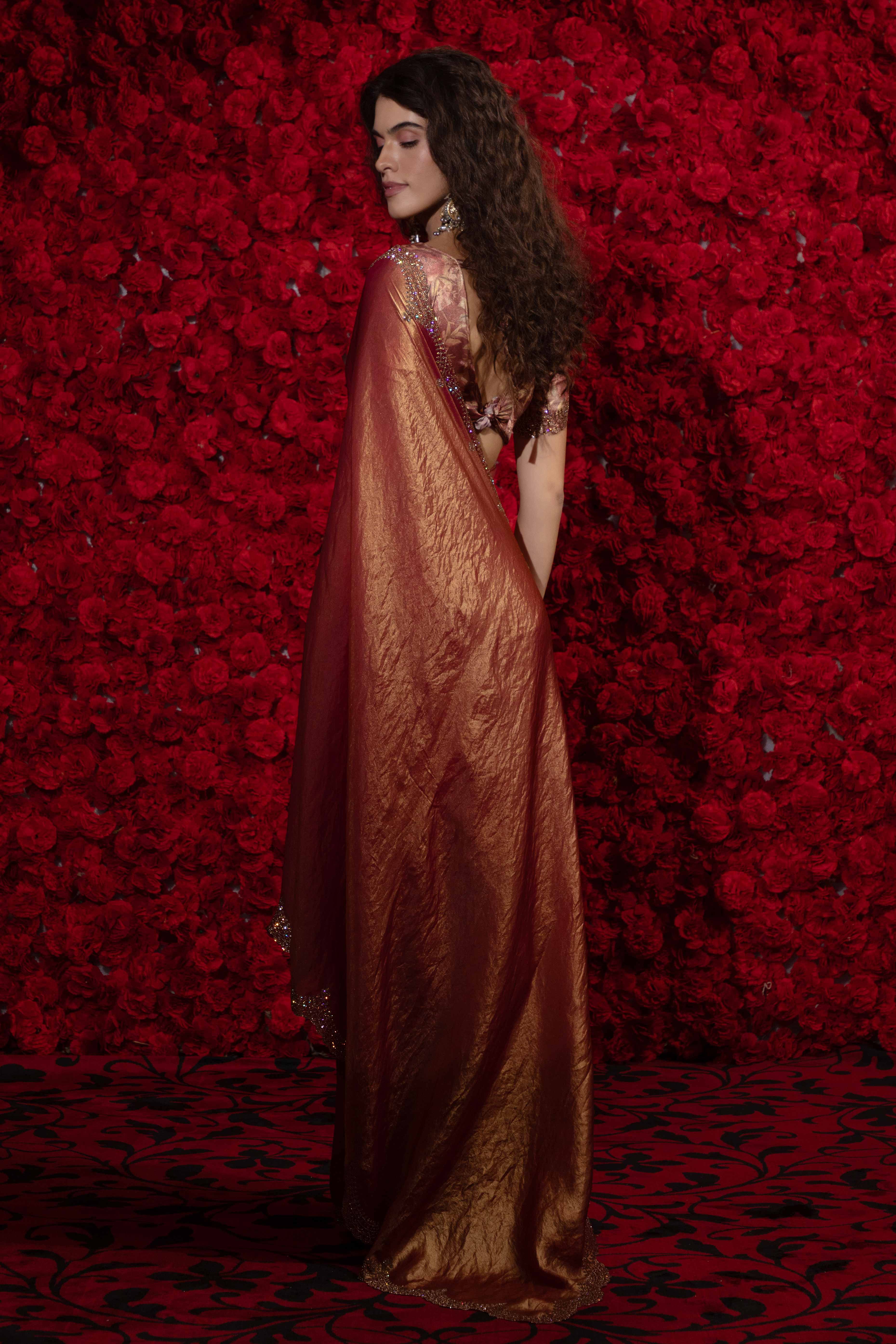 Crushed Satin Silk Embellished Saree in Rust with Sparkling Stone Work