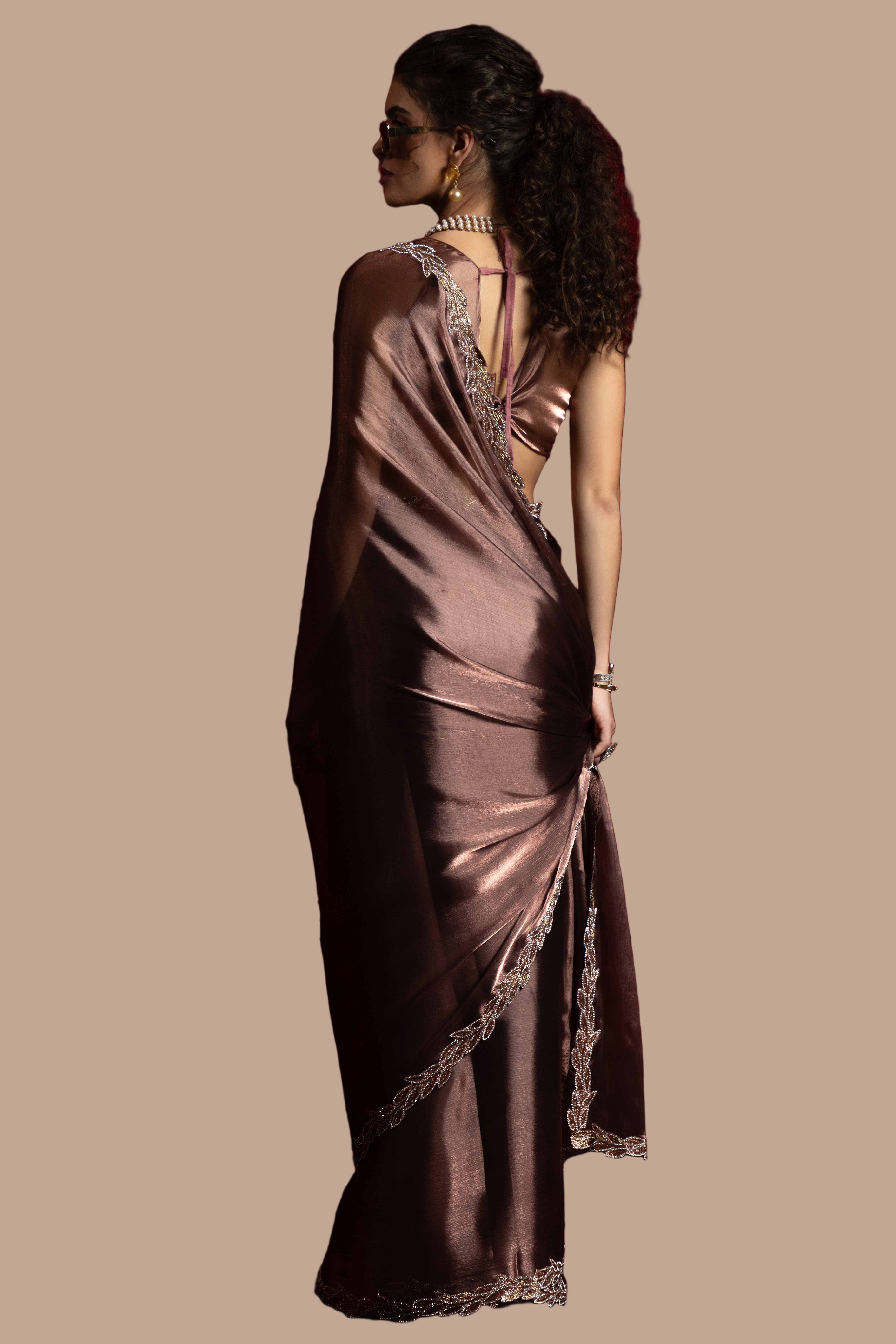 Dusty Rose Brown Solid Tissue Chiffon Saree Accented With Elegant Zarkan Work Border
