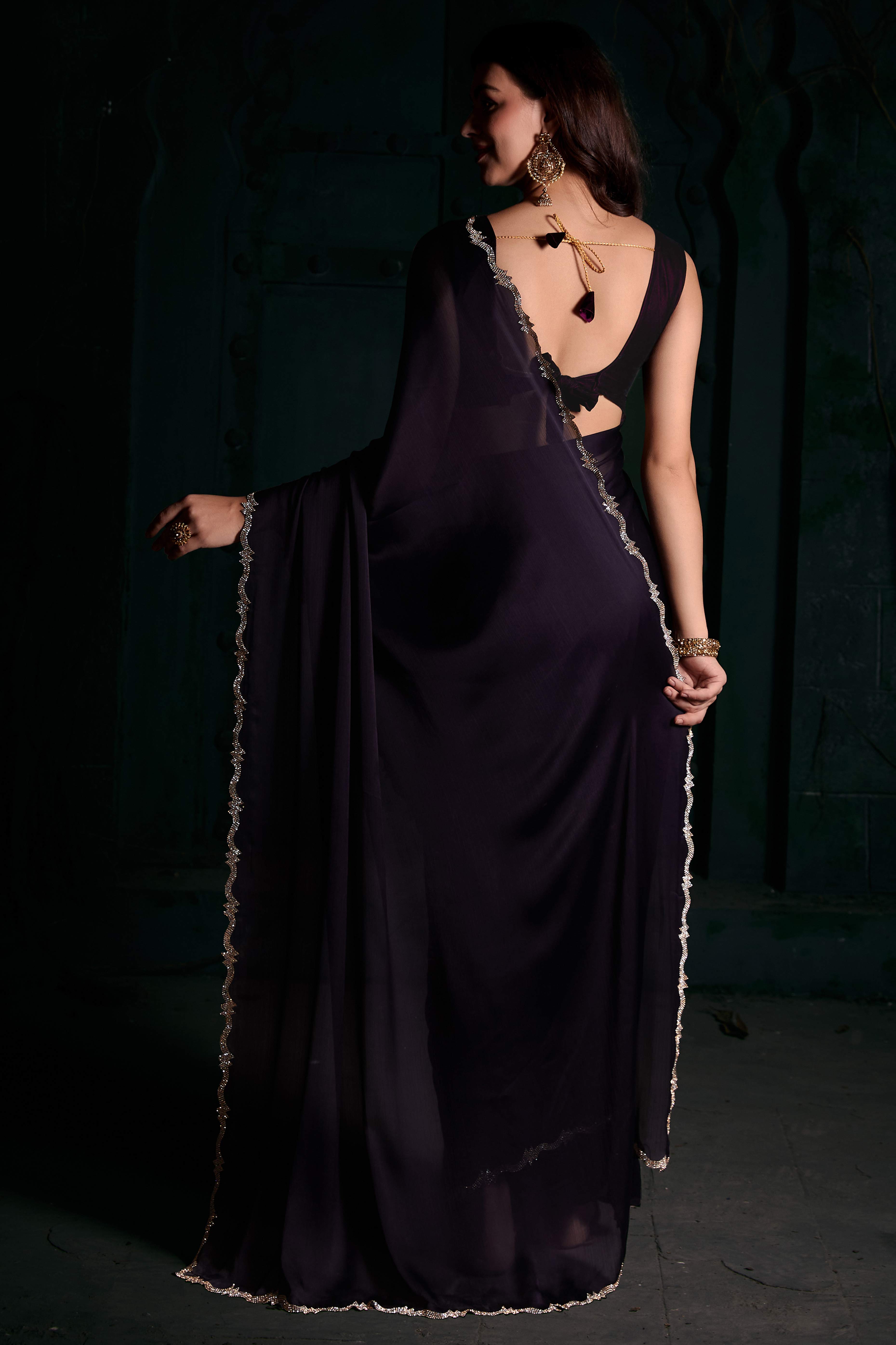 Dark Purple Solid With Zarkan Cutwork Border Chiffon Saree With Belt