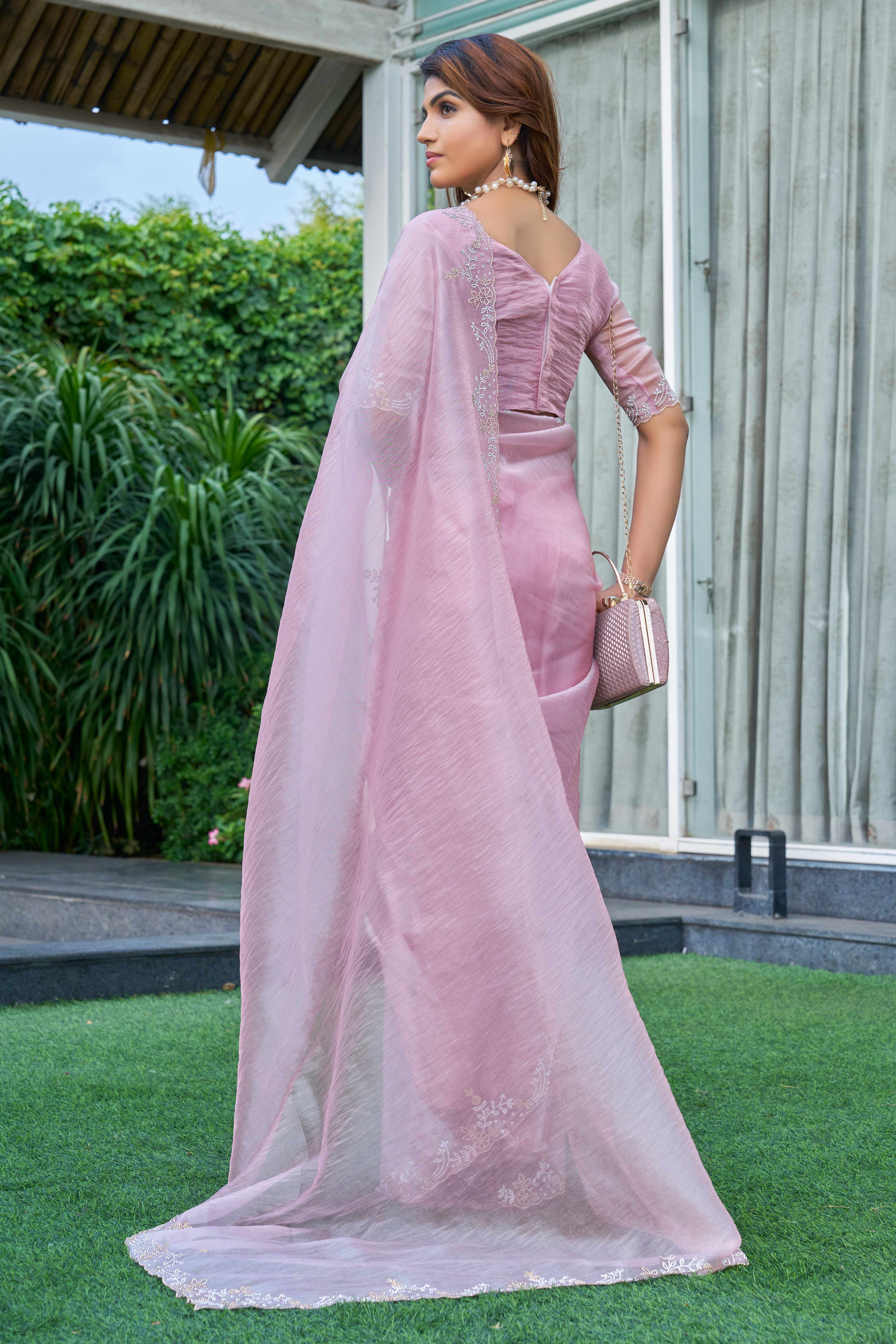 Pink Ethereal Organza Saree Adorned with Crystal Embellishments