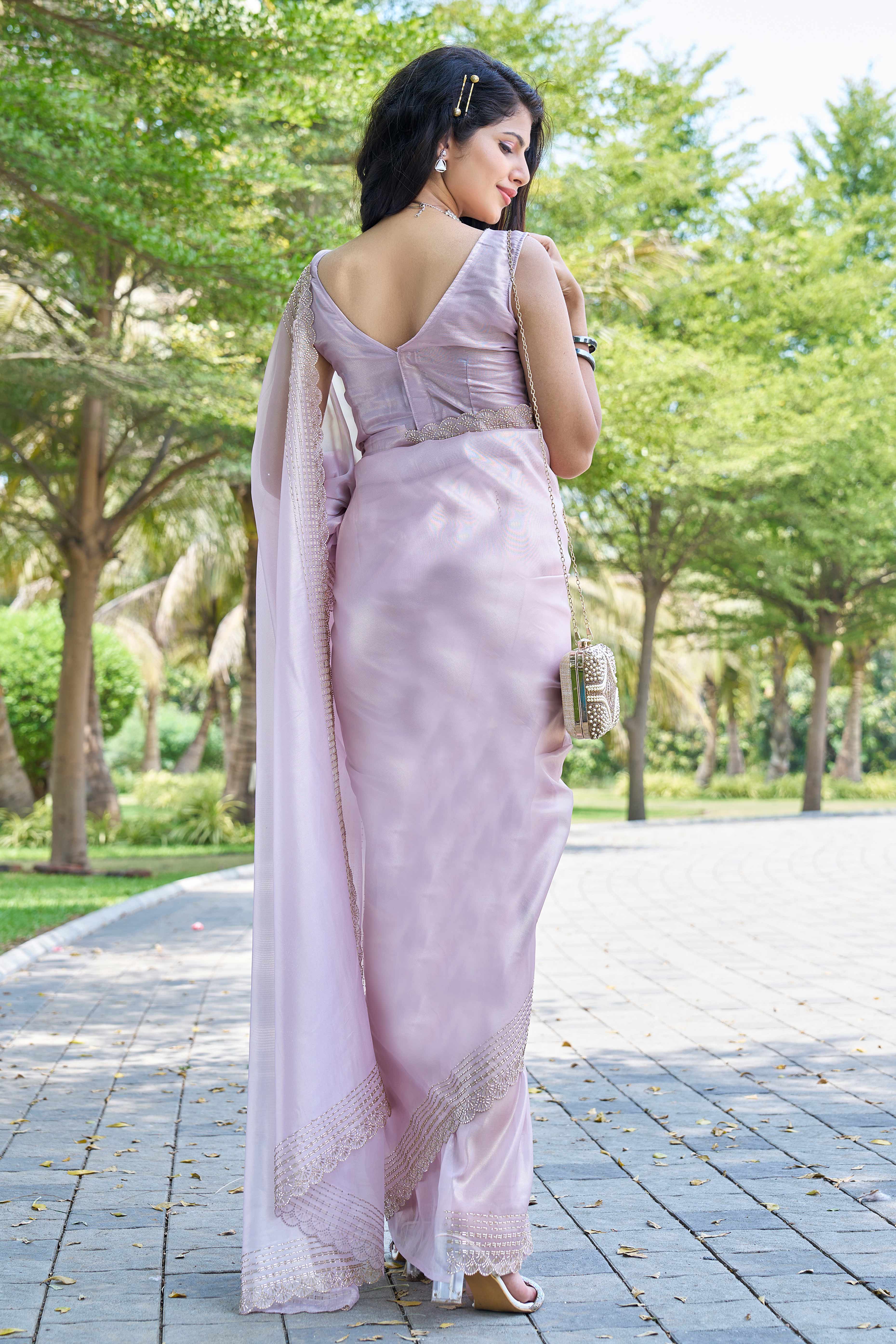 Lavender Soft Organza Saree with Stone Embellishments Work