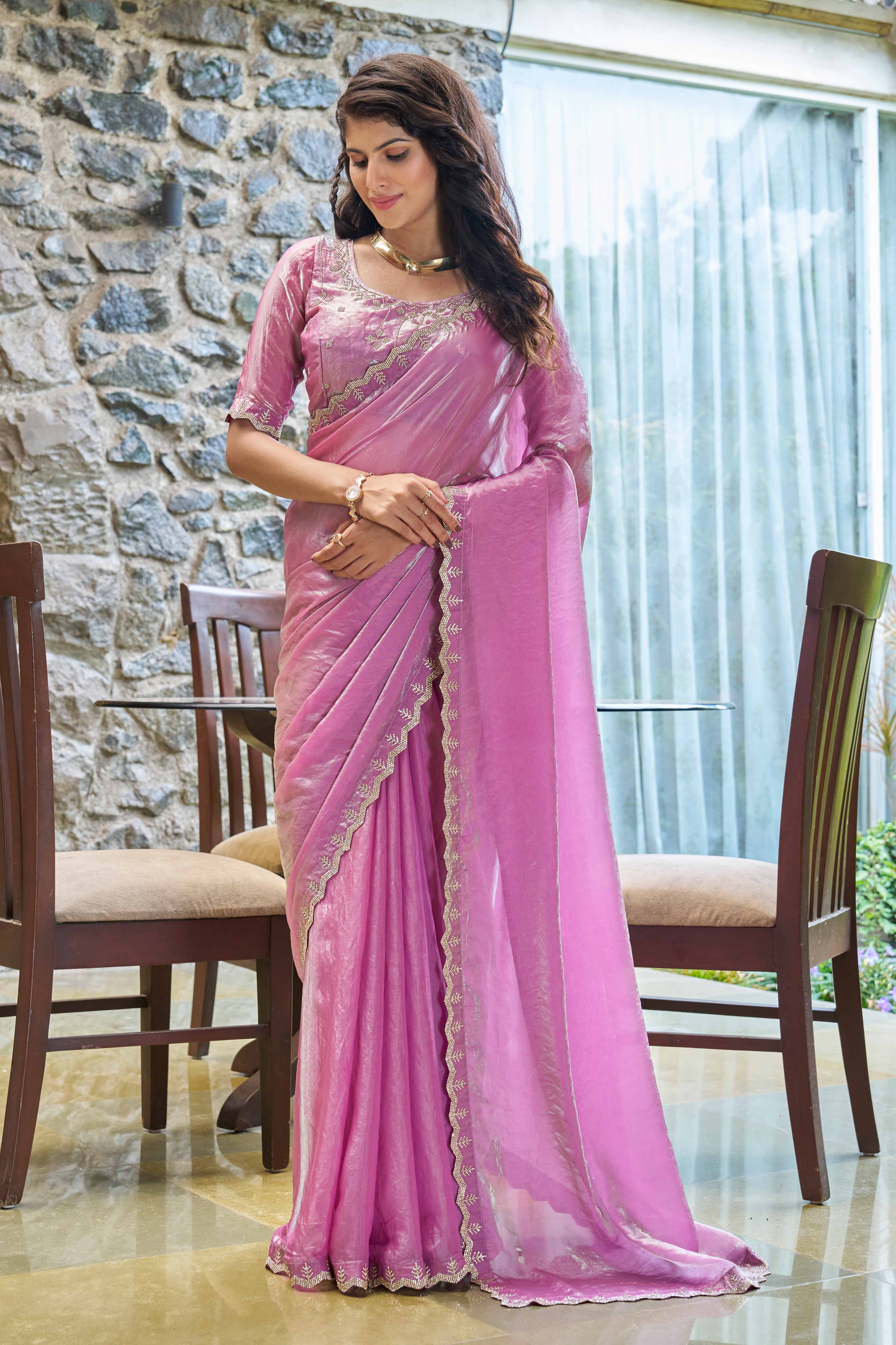 Regal Orchid Purple Chiffon Solid Saree With Graceful Zarkan Detailing